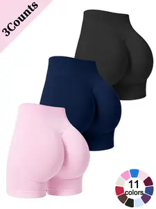 Women’s 3 Pack Athletic Shorts Solid Color Four-Way Stretch Seamless Breathable Cooling Comfortable Buttery Soft High-Waisted Butt-Lifting Yoga Shorts for Gym Workouts Pilates Peach Butt Outdoor Running Cycling and Everyday Wear Versatile Fitness Shorts