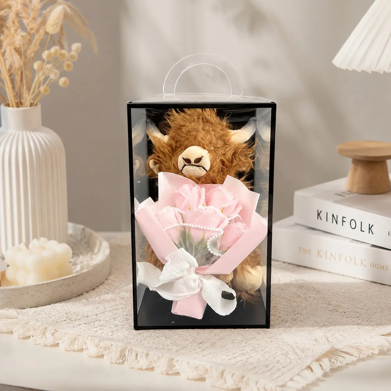 Highland Cow Plush Gift Box with Artificial Rose Bouquet, Cute Stuffed Animal Gift for Girlfriend, Wife, Mom, Women, Romantic Birthday, Valentine's Day, Anniversary, Mother's Day Home Decor, Perfect Gift Bundle