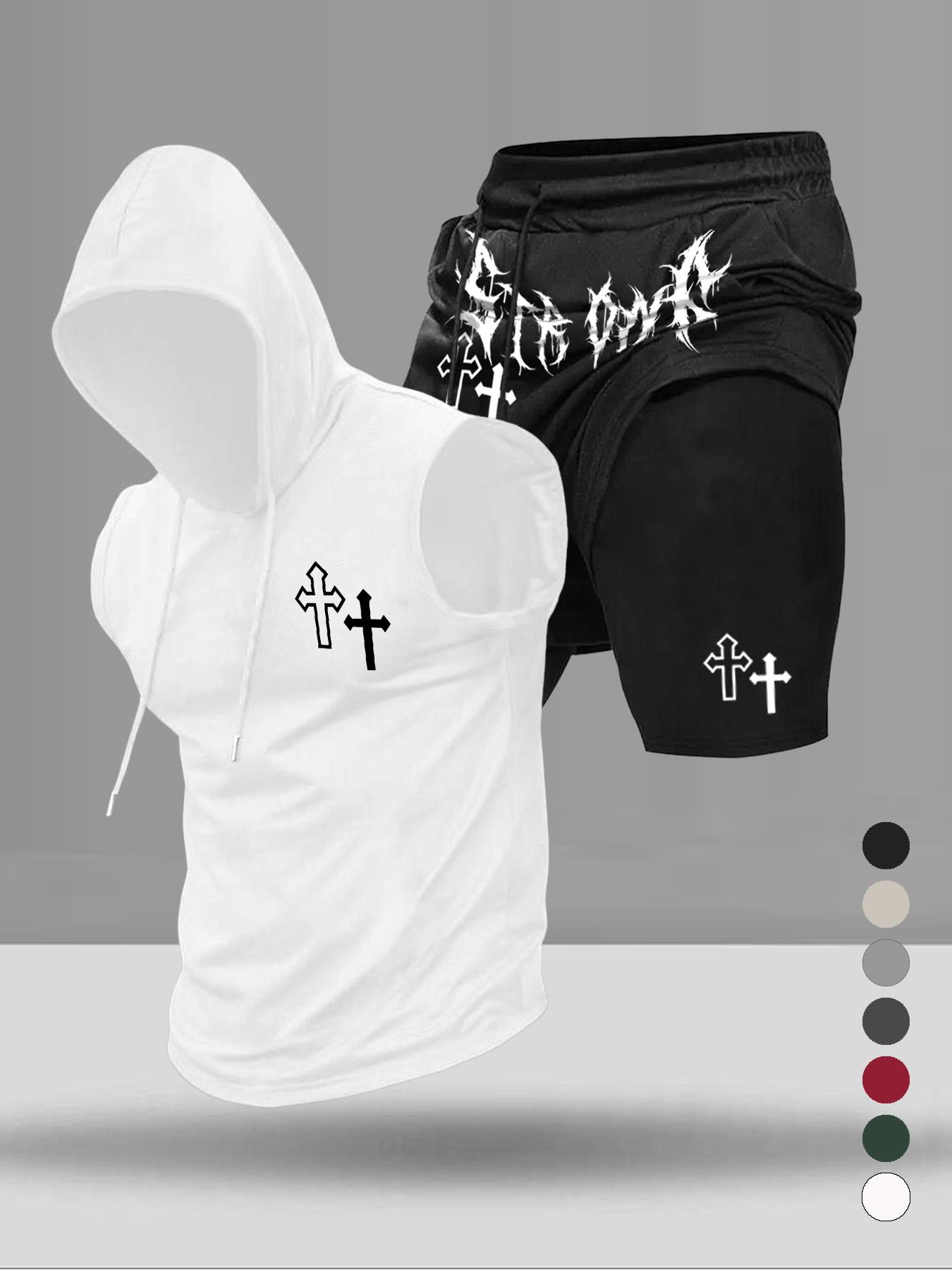 Men's Graphic Print Two-Piece Set, Stylish Hooded Sleeveless Vest and Drawstring Pocket Shorts, Summer Casual Wear for Sports and Daily Use