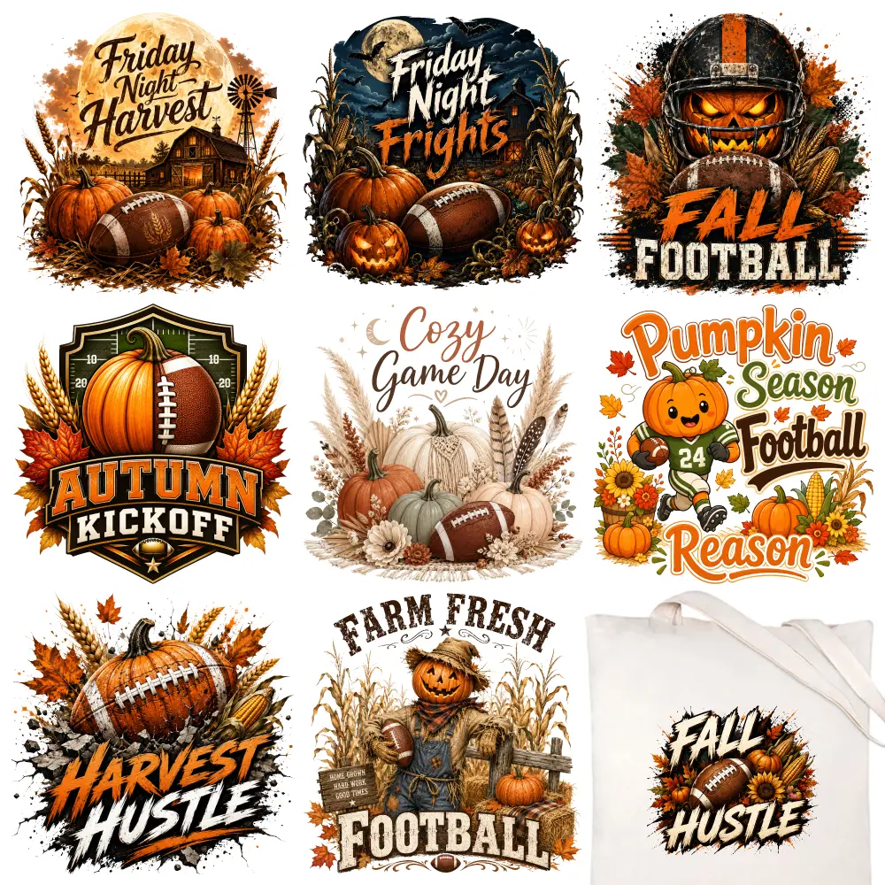 9 Pcs Fall Football Autumn Kickoff Cozy Game Day Pumpkin Season Harvest Hustle Farm Fresh Friday Night Fall Frights Iron on Transfers for Clothing T-Shirt Jeans Applications Washable heat transfer stickers iron on decals Transfers