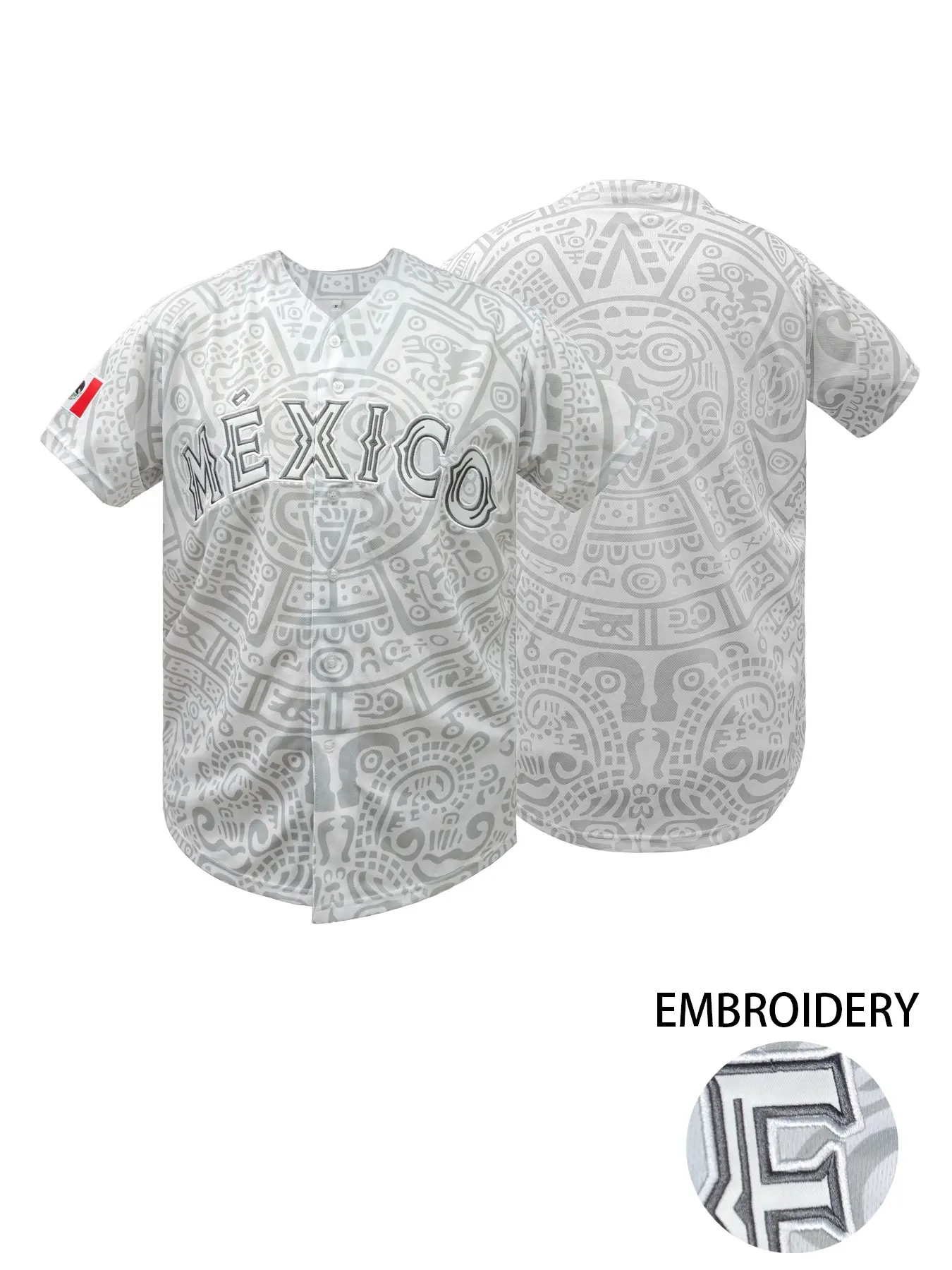 Men Women Mexico Baseball Jersey Aztec Totem Embroidered Short Sleeve Button Down Casual Sports Shirt with Flag Patch Unisex Jersey Shirts Embroidery Sportswear