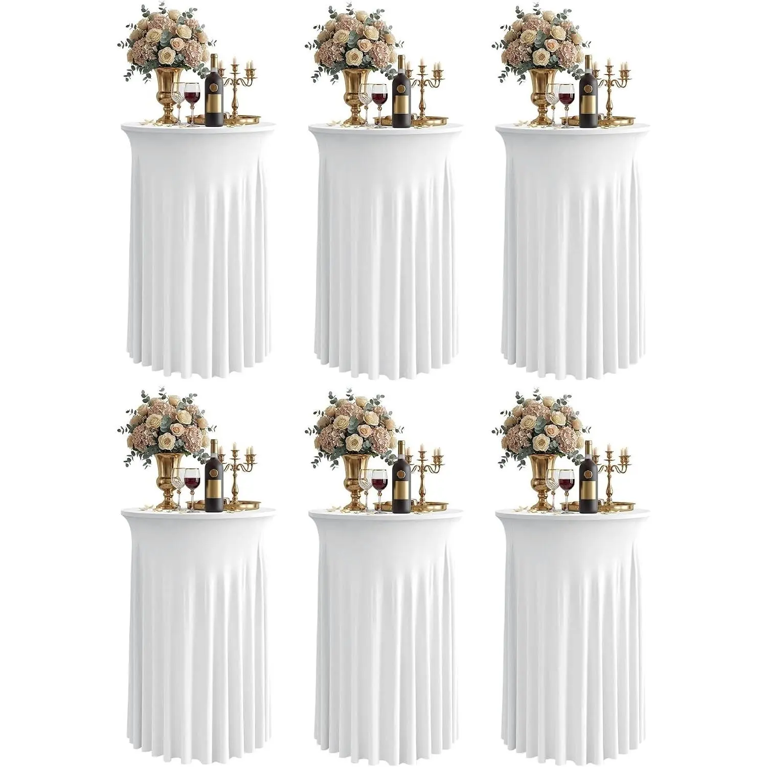Cocktail Table Tablecloth with Skirts - 24x43 Inch Wavy Spandex High Top Cocktail Table Covers, Ruffle Drape Highboy Tablecloth Reusable for Party Wedding Cake Standing Table, White, 6 Pack
