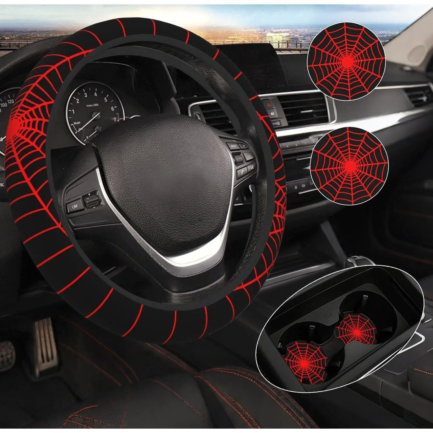 15-Inch Black Synthetic Spider Web Steering Wheel Cover Set, Anti-Slip Breathable Materials Automotive Accessory, Easy to Install Standard Size Car Interior Protector with 2 Coasters