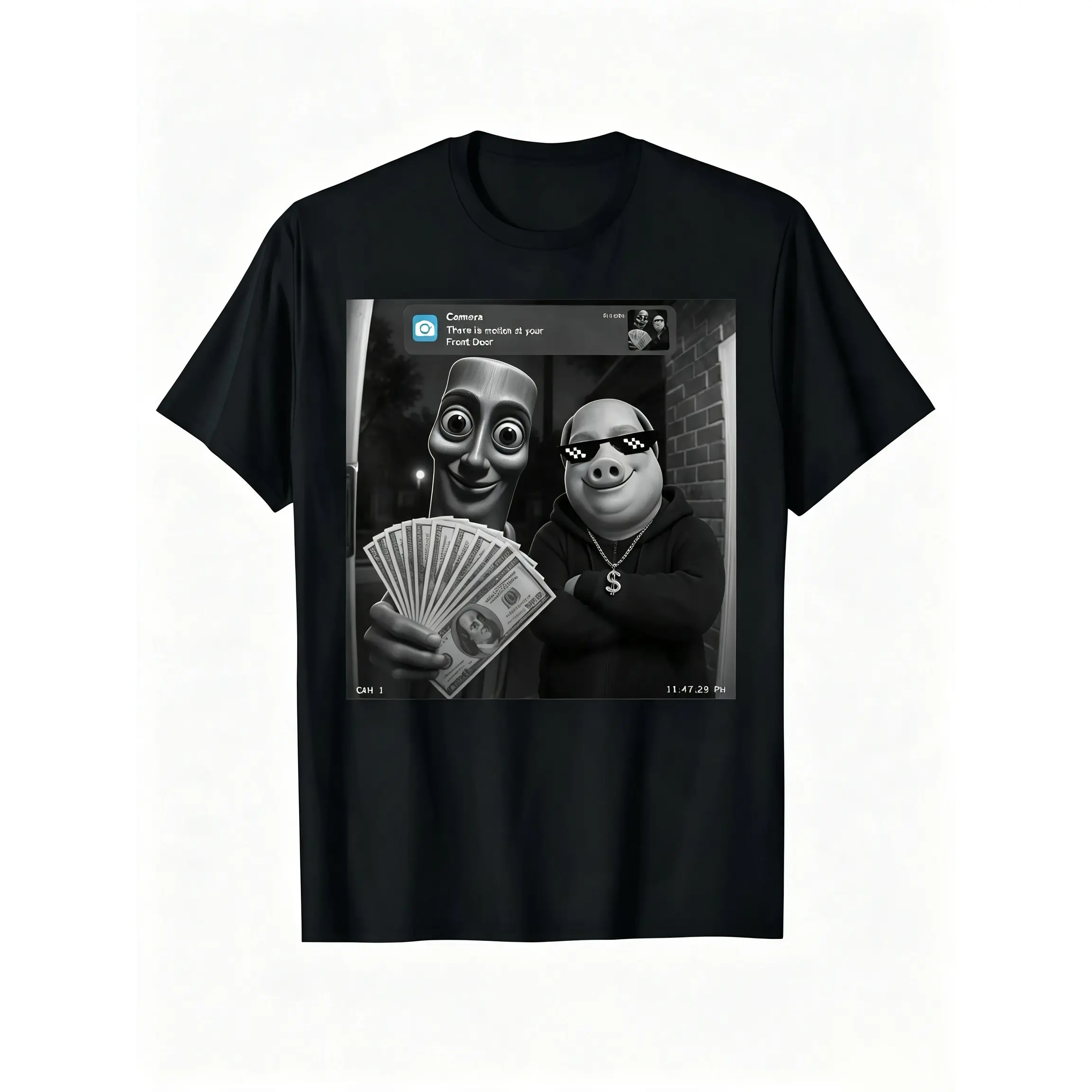 There is Motion at Your Front Door, Tung Tung Tung Sahur John Pork Meme Brainrot T-Shirt Funny Graphic Tees, Men's Casual Classic Soft Breathable Cotton Crewneck Graphic Print Tee Top, Summer OOTD Streetwear Shirt& Tshirt for Menswear & Womenswear Gifts
