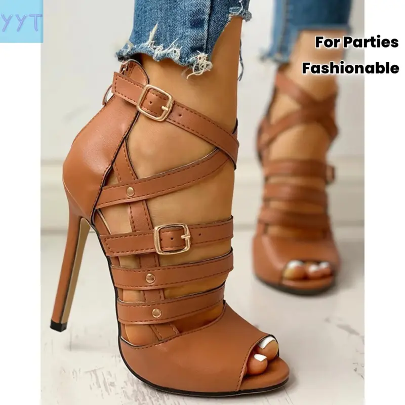 YYT1 -Heeled Sandals Women with a Punk Flair, Featuring Rivets And Buckles. These Stiletto Ankle Boots Have a Peep-Toe Design And Are Perfect Parties, Showcasing a Trendy Multi-Strap Crisscross Style., Women Shoes