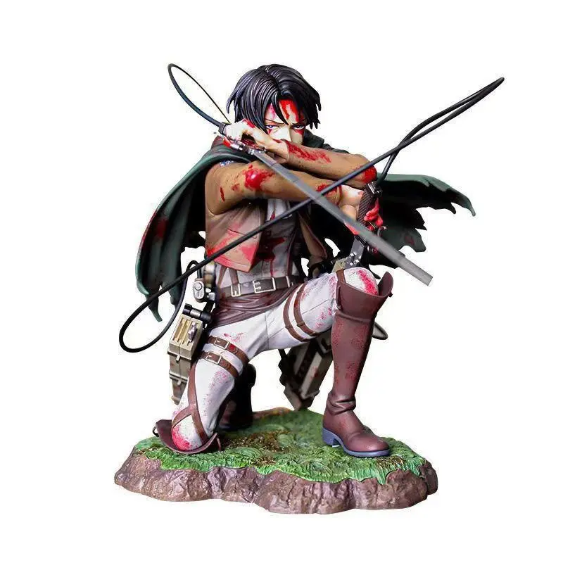 Attack on Titan Levi Handmade Figure 18cm, Crouching Pose, Grass Base, Anime Desktop Decoration Gift, Collectible Model