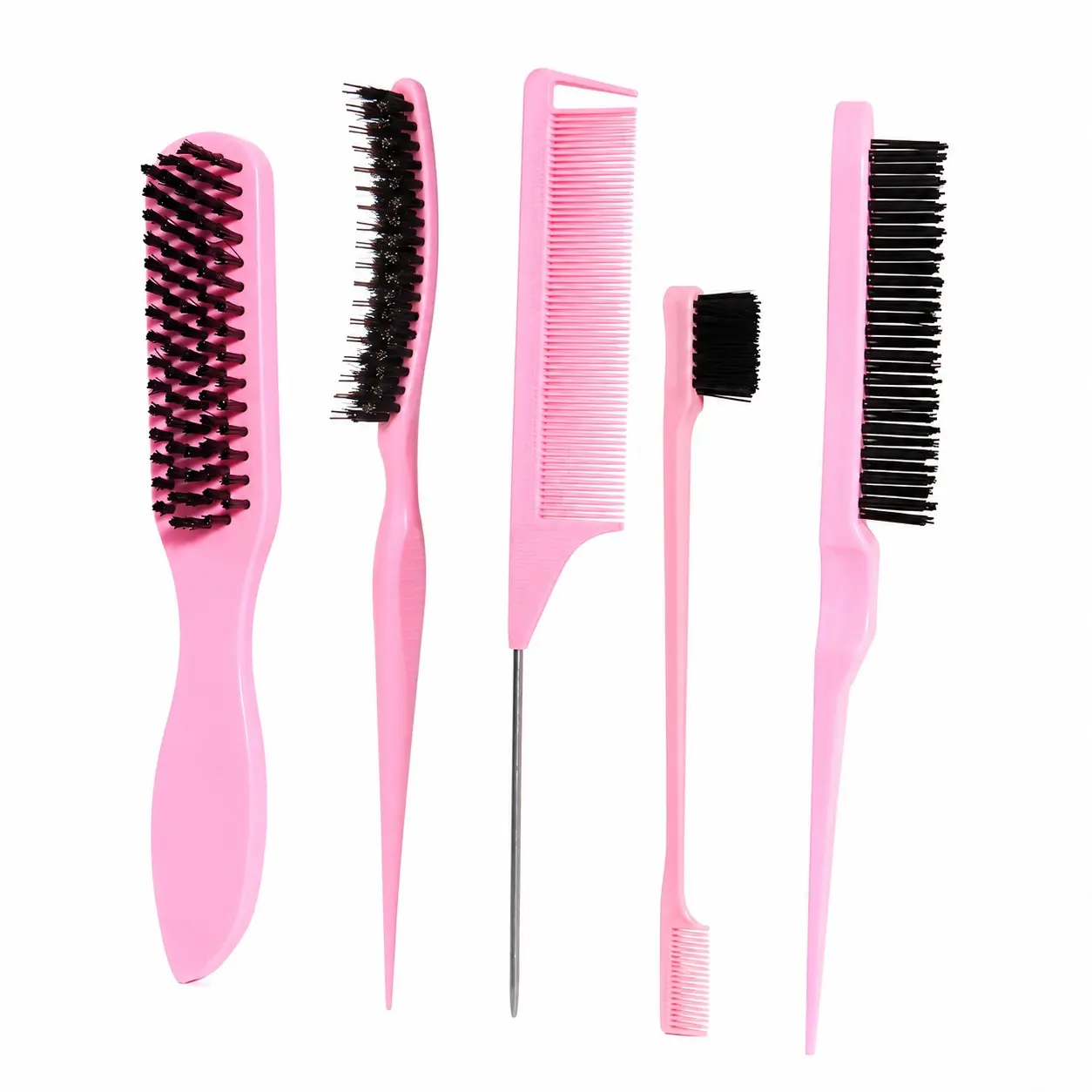 5-Piece Hair Brush Set, Flat Brush, Tail Comb, Edge Brush, Pick-Up Brush, Sectioning Tool, Ideal for Styling, Baby Hair, Daily Use