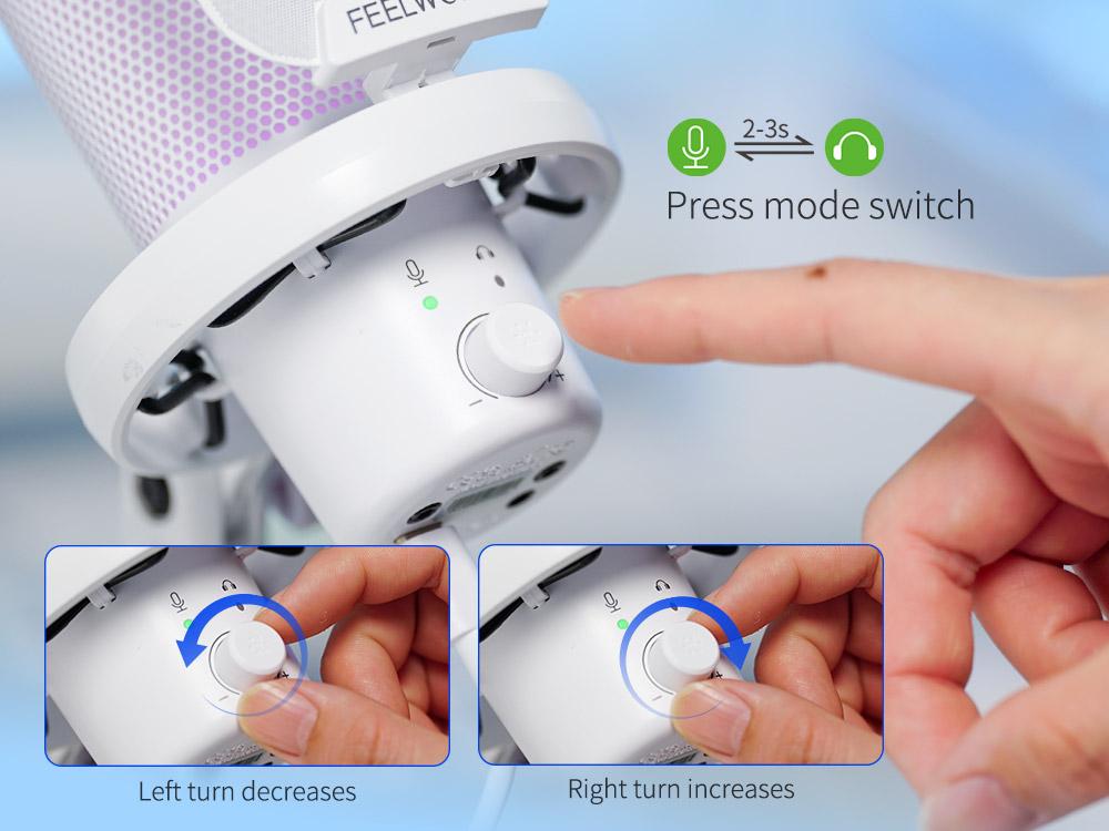 FEELWORLD VM1 White Gaming PC USB Microphone with Boom Arm Stand Noise Cancellation RGB Light Mute for Gamer YouTube Twitch Podcast Streaming Recording Chat PS4 PS5