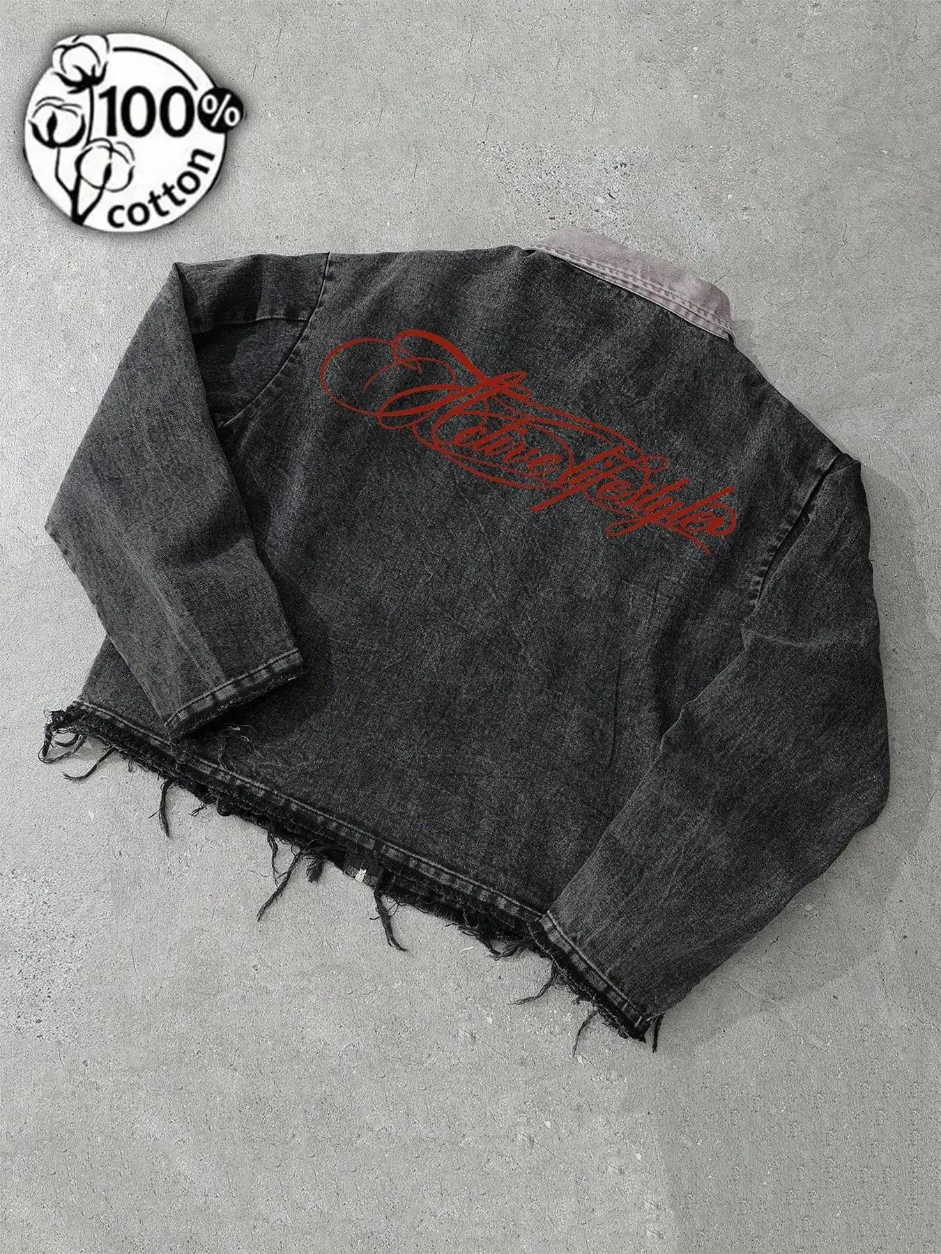 Men's Vintage Washed Black Same Lifestyle Script Print Denim Jacket, Raw Hem Oversized Button Up Streetwear Coat for Fall and Winter#MensDenimJacket #WashedBlackDenim #ScriptPrint #SameLifestyle#BackPrintJacket#RawHemJacket #OversizedJacket#ButtonUpJacket