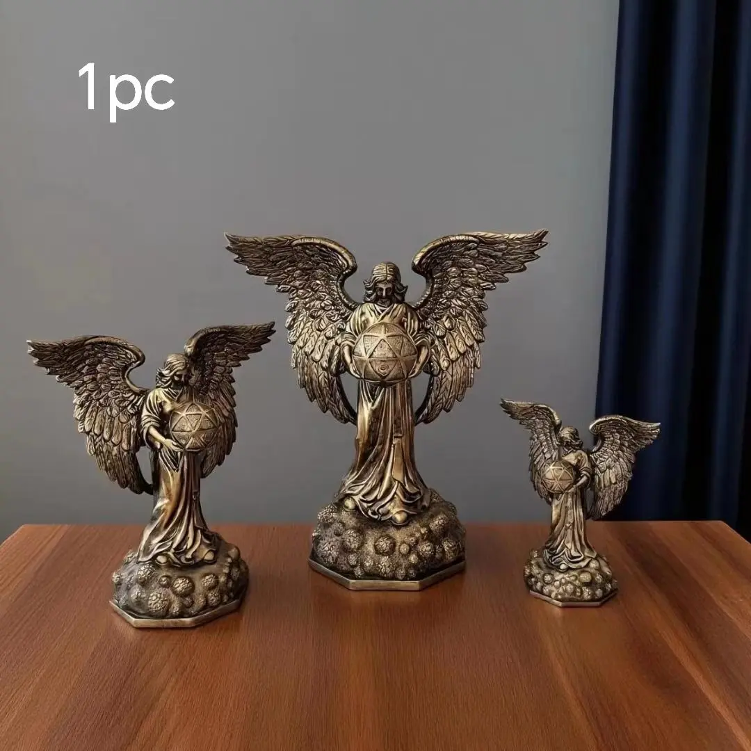 Mystical Angel Resin Statue, Vintage Bronze Archangel Holding Hexagram Planet, Spiritual Desktop Decor, Home Altar Decoration
