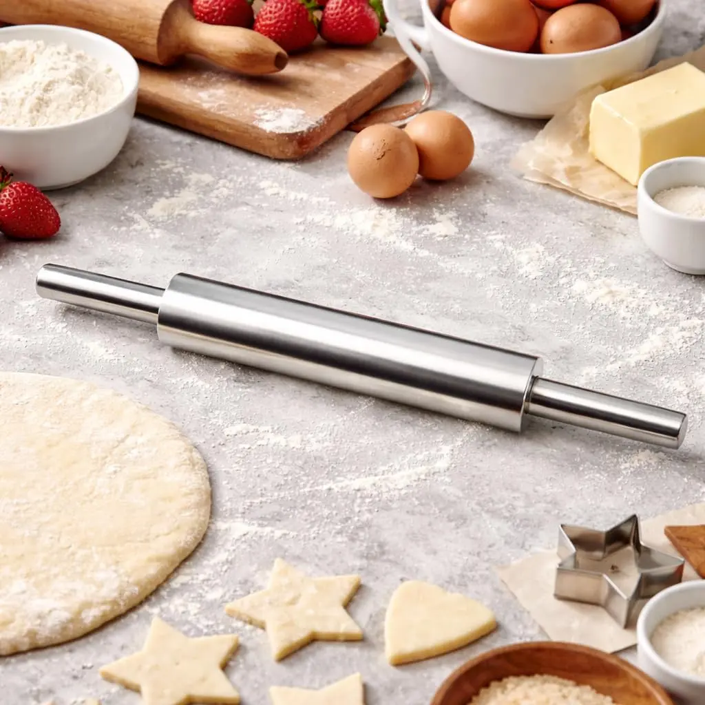 1pc Stainless Steel Rolling Pin - Metal Dough Roller for Baking, Pizza, Chapati & Cookies - Non-Slip Handles, Dishwasher Safe, Baking Utensils, Baking Tools, Rolling Pins for Baking