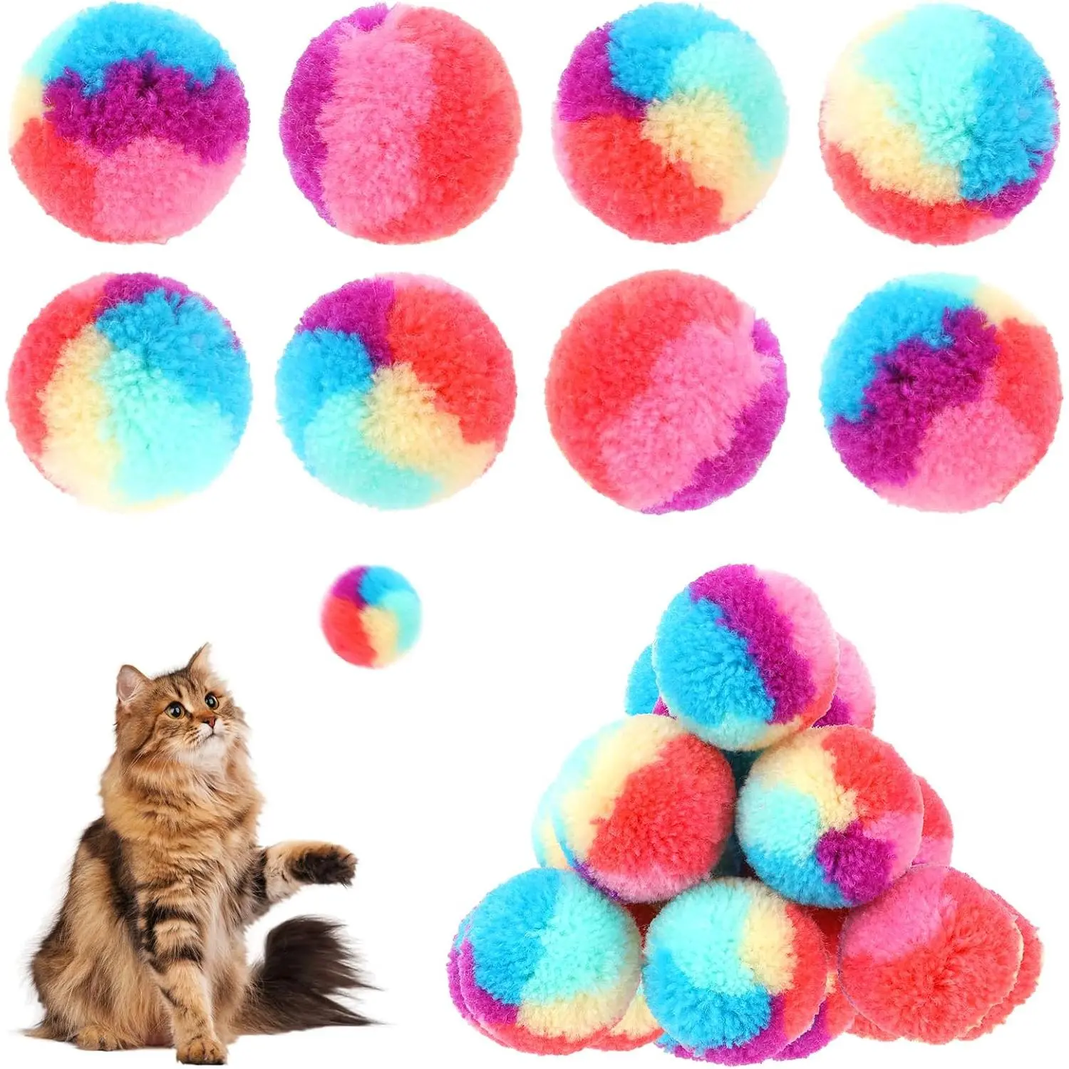 30 count Soft Plush  Ball 1.2-inch Rainbow   Balls Fuzzy Kitty Balls Kitten Puff Balls Colorful  Pom Pom Balls for  Kitten  Playing Exercising