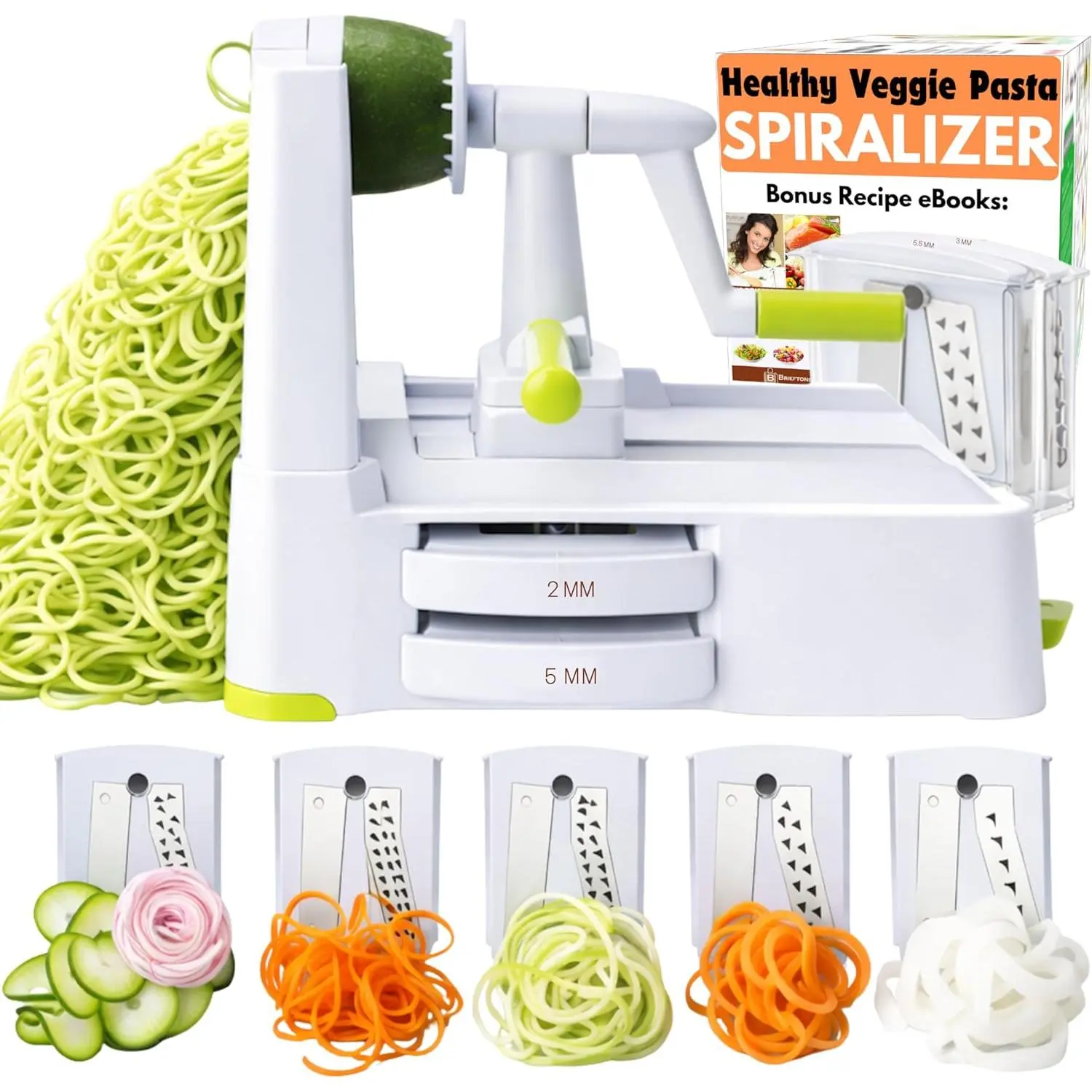 Brieftons 5-Blade Vegetable Spiralizer: Best Zucchini Spiral Slicer & Veggie Noodle Maker, Japanese Steel Blades, Strong Suction Cup, Blade Caddy, 4 Recipe eBooks |     Low Carb, Vegan, Paleo, Gluten-Free