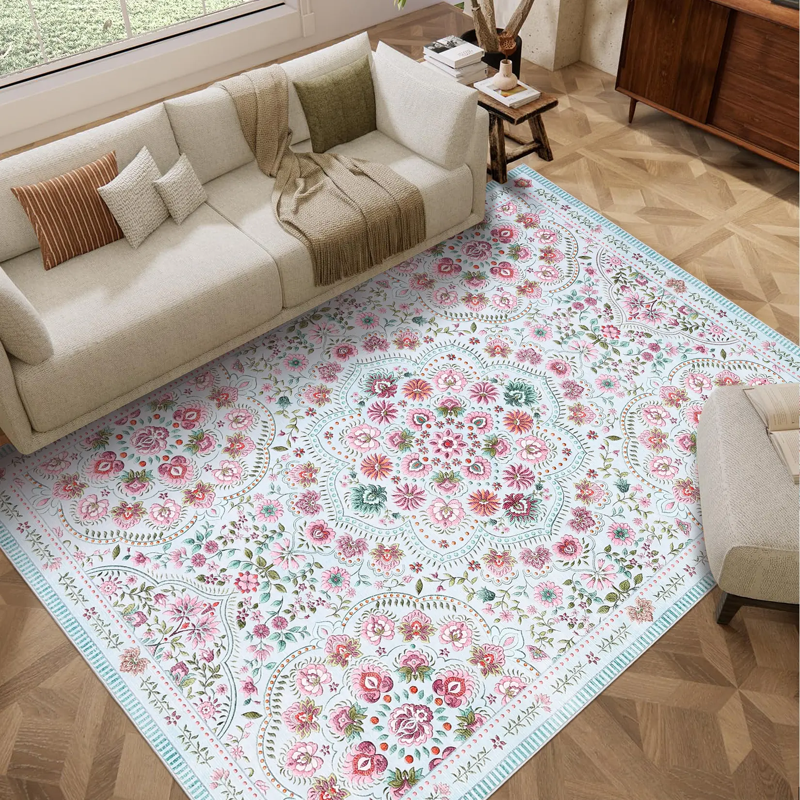 Ultra Thin Floral Runner Rug - Washable, Non-Slip, Low Pile, Collapsible, Non-Shedding Carpet for Hallway, Bedroom, Room Decor