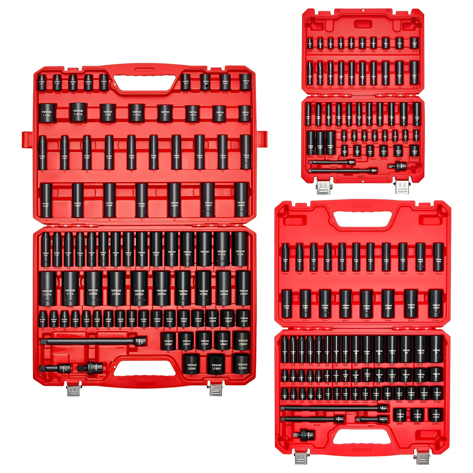 【DealsForYouDays】VEVOR 210 Piece Drive Impact Socket Set, 1/4, 3/8, 1/2 Inch, 6 Point Deep Shallow Impact Sockets, SAE (3/16 to 1-1/4 in) and Metric (4 to 32 mm) Sizes with Extension Bars, Cr-V Steel, Carrying Case