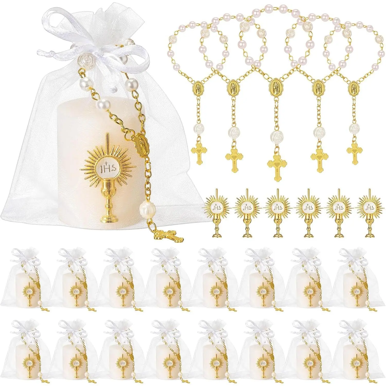 16 Set Baptism Candle Party Favors for Guests First Communion Candle Bulk, Catholic Mini Rosary White First Holy Communion Candles with Chalice Emblem Organza Bags for Christening