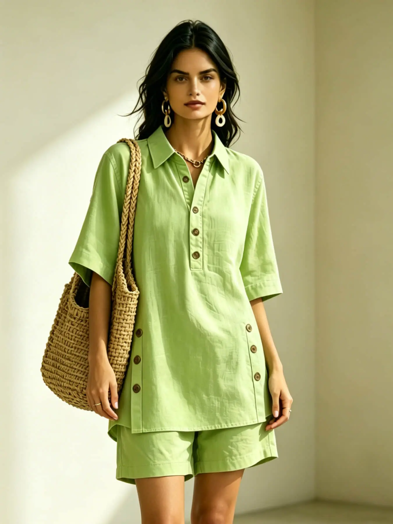 Women's Fashion Lazy Style Thin Sleeve Short Set - Loose Fit, Oversize Flared Front Side Zipper Design + High-Waisted Shorts Set Perfect for Summer, Casual Home, Beach Vacations, Daily Commuting