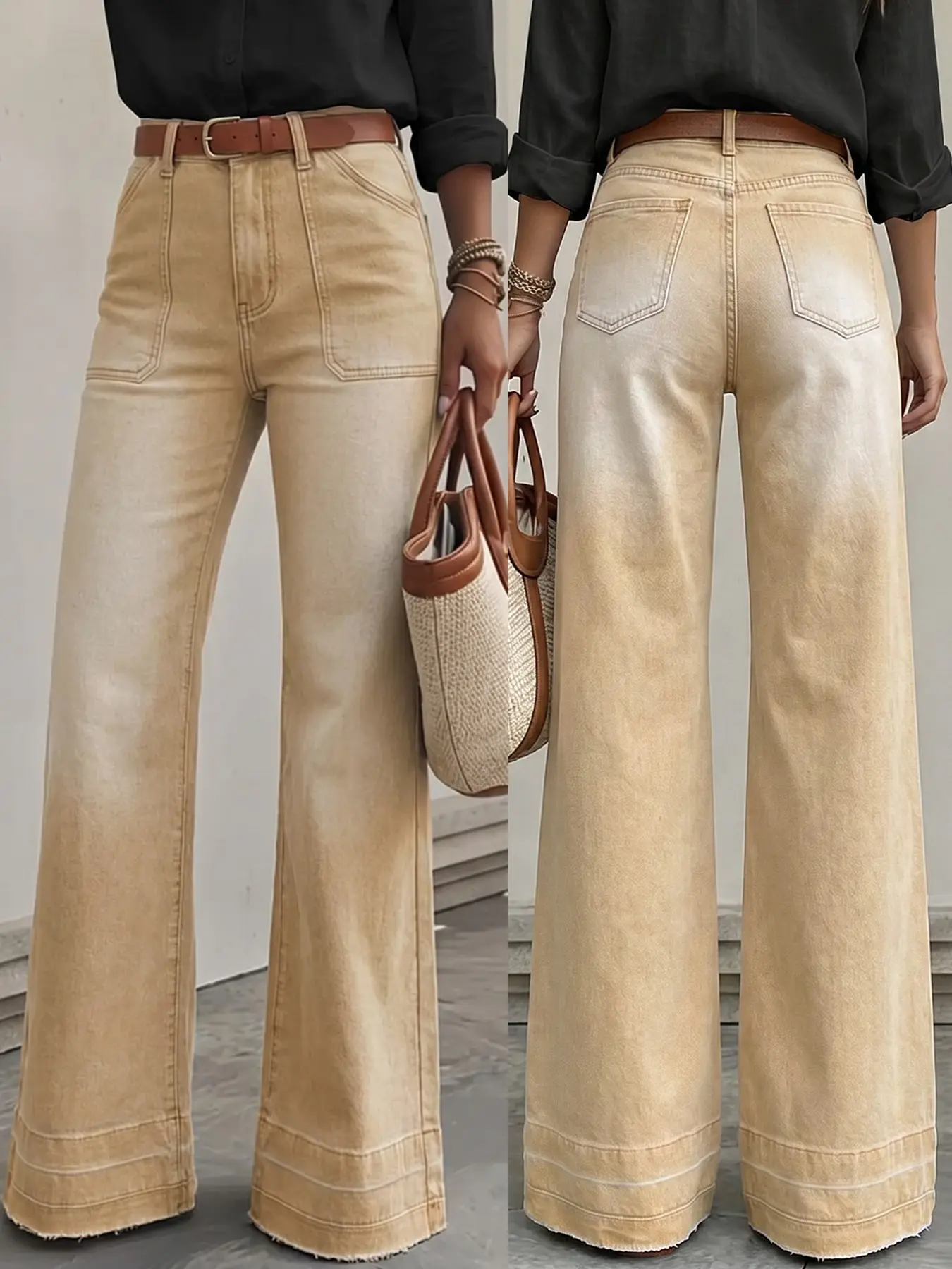 Women's Wide Leg Jeans, High Stretch Cotton, Mid-Waist, Zipper Fly, Elegant Style, All Seasons, Perfect for Daily Wear