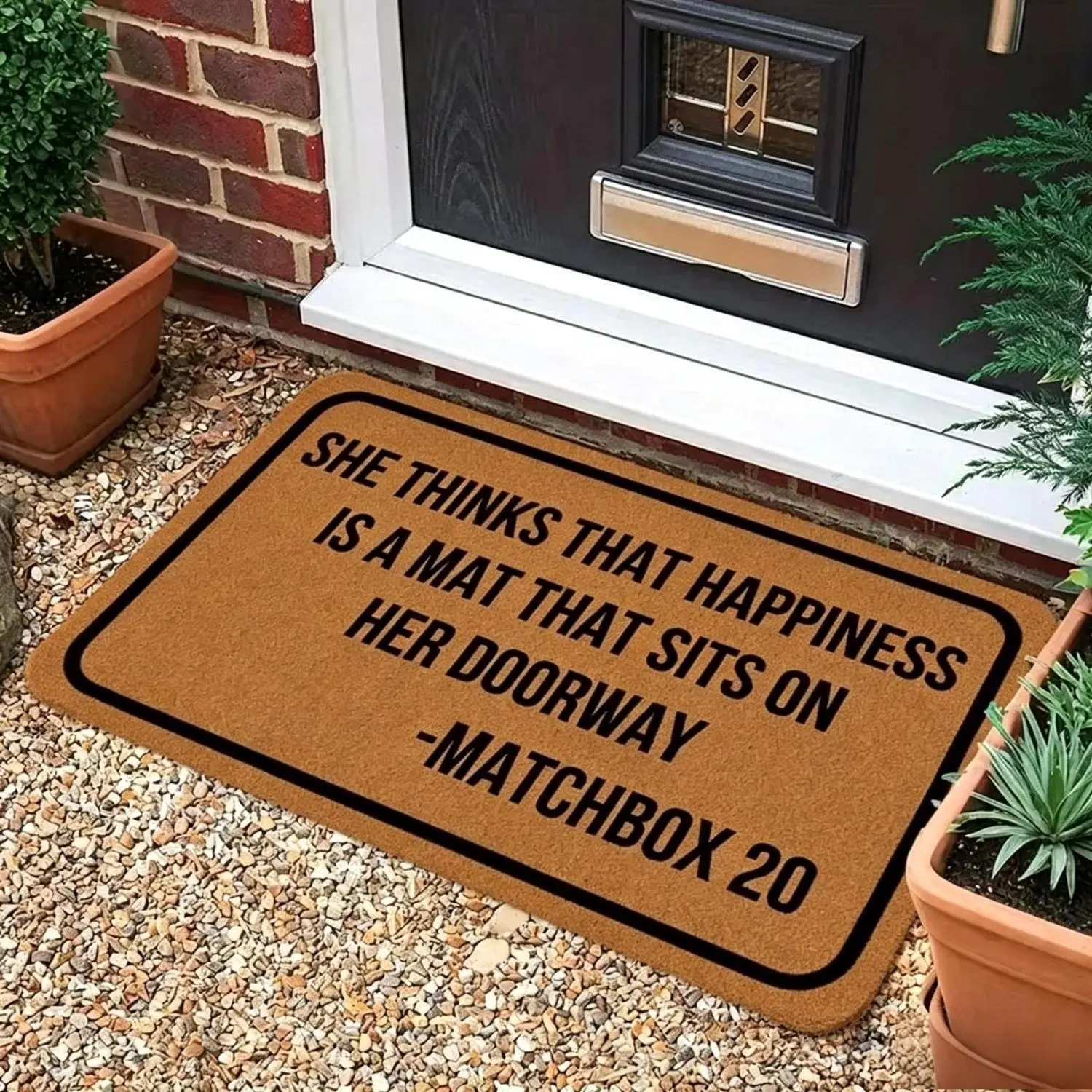 Funny Welcome Non-Slip Door Mat - "She Thinks That Happiness Is A Mat" Design, Rubber-Backed Textile Carpet for Home Entryway & Porch Decoration, Durable Household Furnishing
