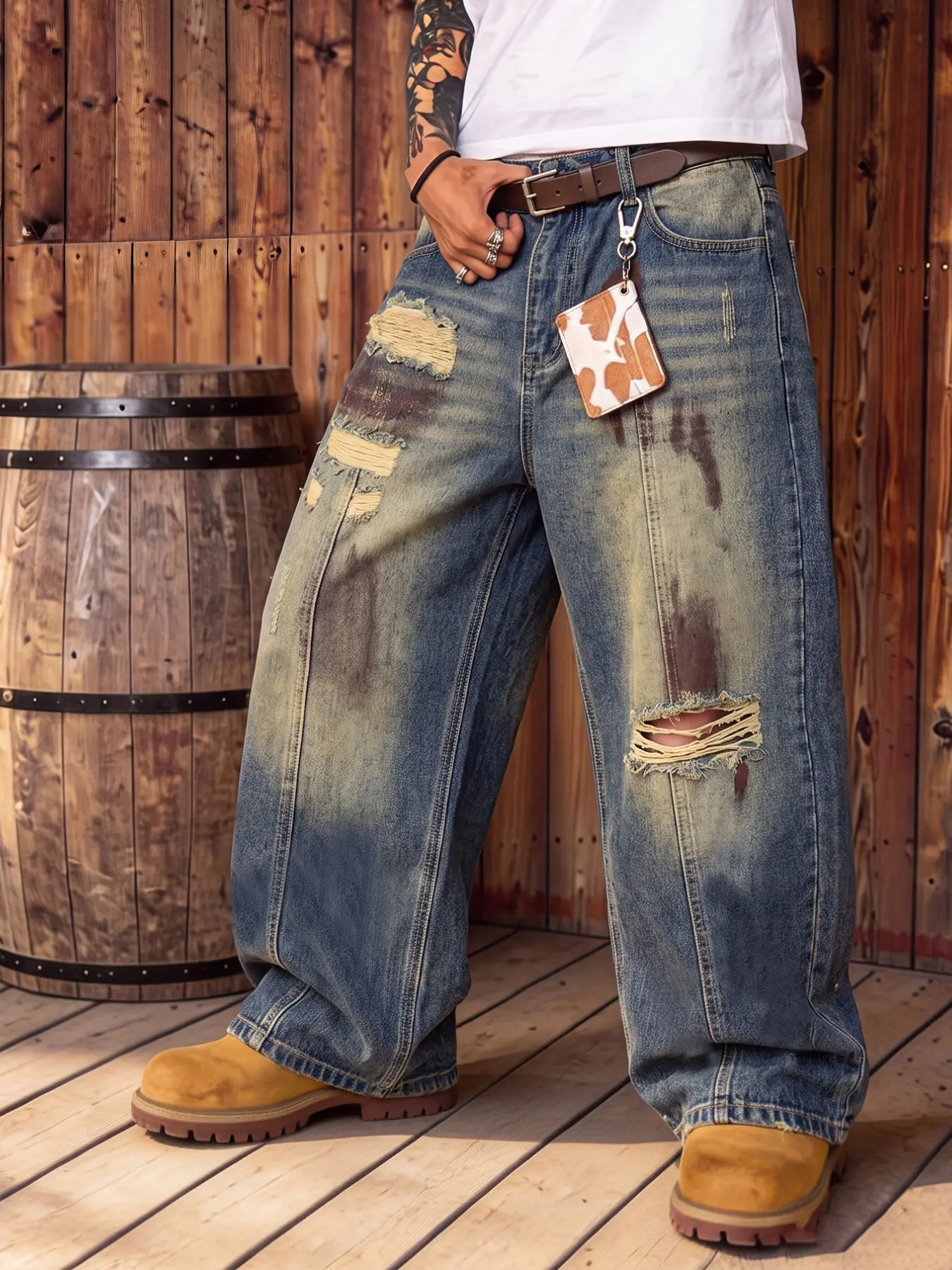 Men's Vintage Distressed Ripped Baggy Wide Leg Jeans, Raw Hem Denim Pants for Streetwear Casual Style, All Season