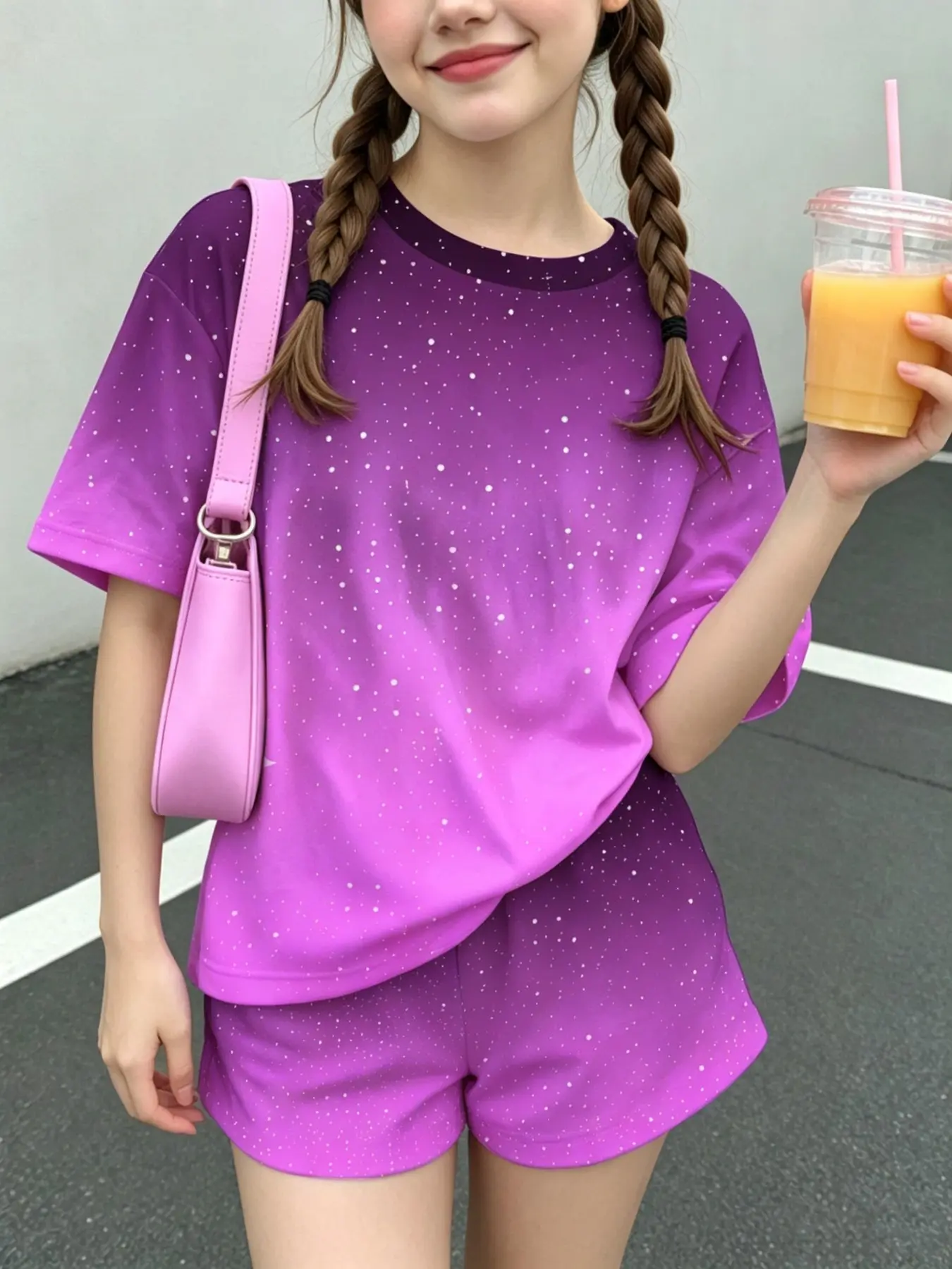 Girls' Gradient Starry Sky Two-Piece Set, Casual Loose-Fit Short Sleeve Shorts, Comfortable Knitted Fabric, Spring Summer Fall Wear