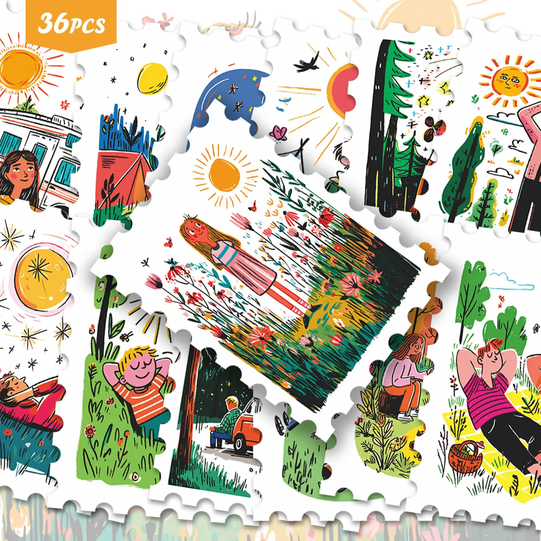 36Pcs Outdoor Camping Scene Vinyl Stickers, Forest Picnic Character Border Frame Pattern Decals, Waterproof Decorative Stickers for Water Bottle, Laptop, Phone Case, Skateboard, Luggage, DIY Handcraft Ornament