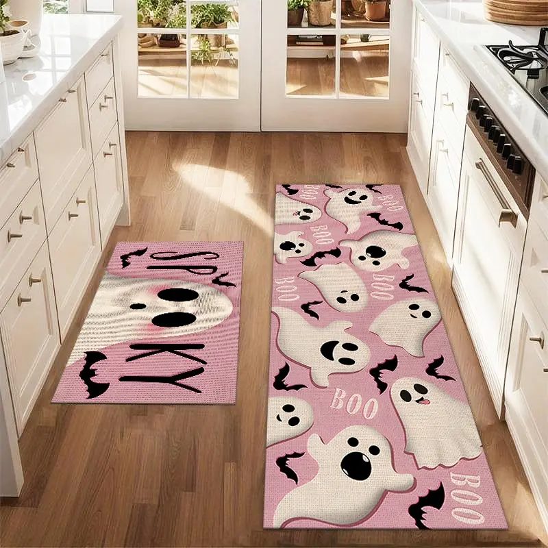 2Pcs Pink Background Ghost Halloween Floor Mat Set Farmhouse Kitchen Carpet Dining Room Floor Laundry Room Decorative Carpet Mat