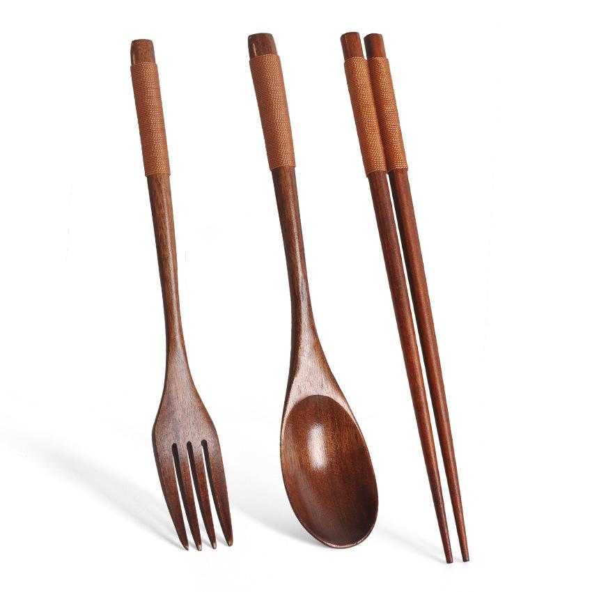Wooden Tableware Set, 3 Counts/set Including Spoon, Chopsticks & Fork Set, Handmade Household Tableware, Kitchen Utensils, Dinnerware Service Set