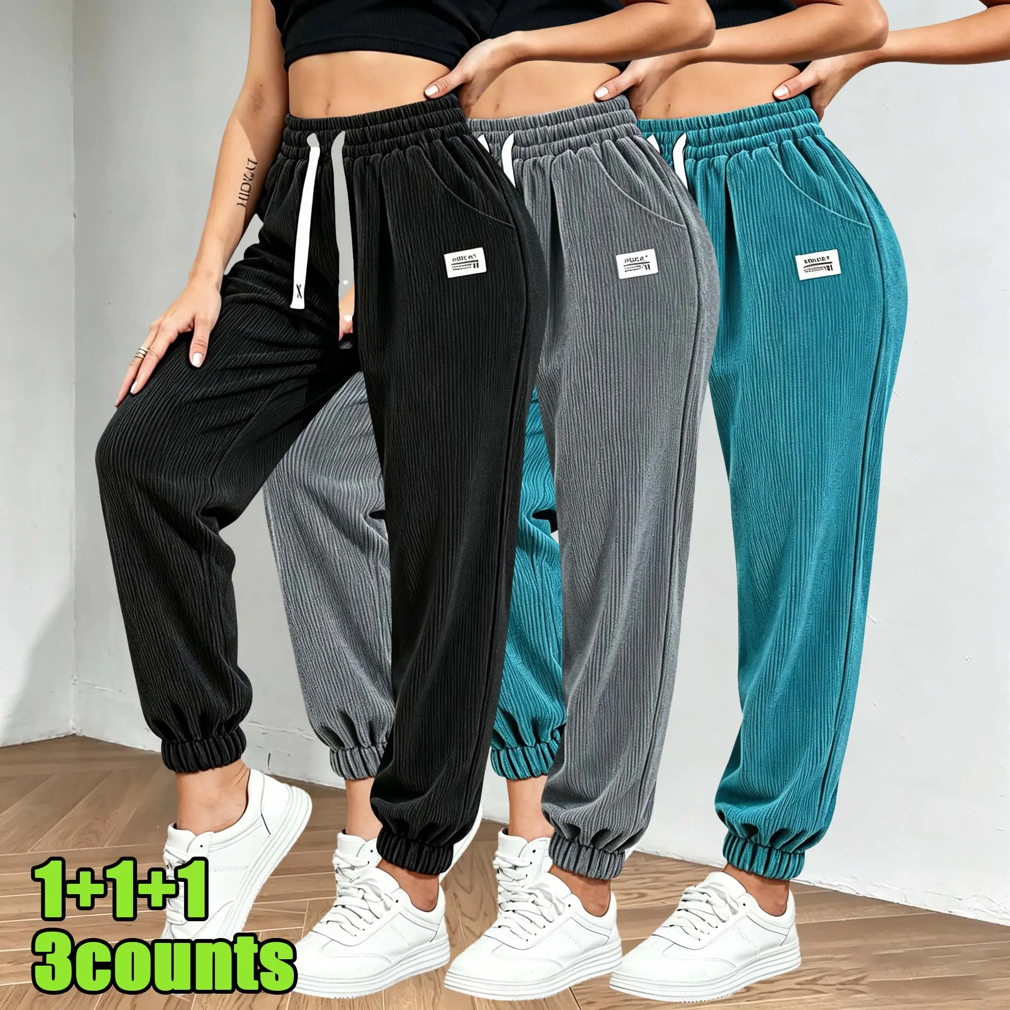 3 Count Spring Fall Womens Cozy Solid Corduroy Casual Sweatpants | Plush Soft Breathable Vertical Cord Material, Custom White Drawstring High Waist for Relaxed Loose Fit, Practical Side Storage Pockets for Essentials, Minimal Tag Decor Cuffed Jogger Silho
