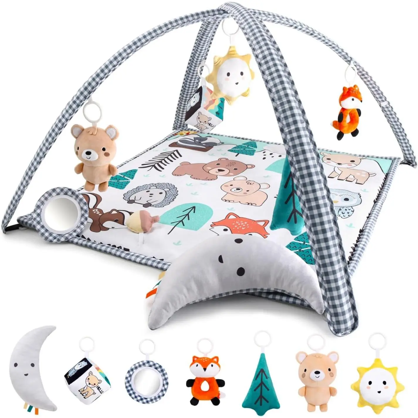 Unisex Baby Play Gym & 7-in-1 Play Mat for 0-12 Months, Tummy Time Mat with Hanging Toys, Soft Padded for Newborns & Infants, Woodland Theme(Gift)