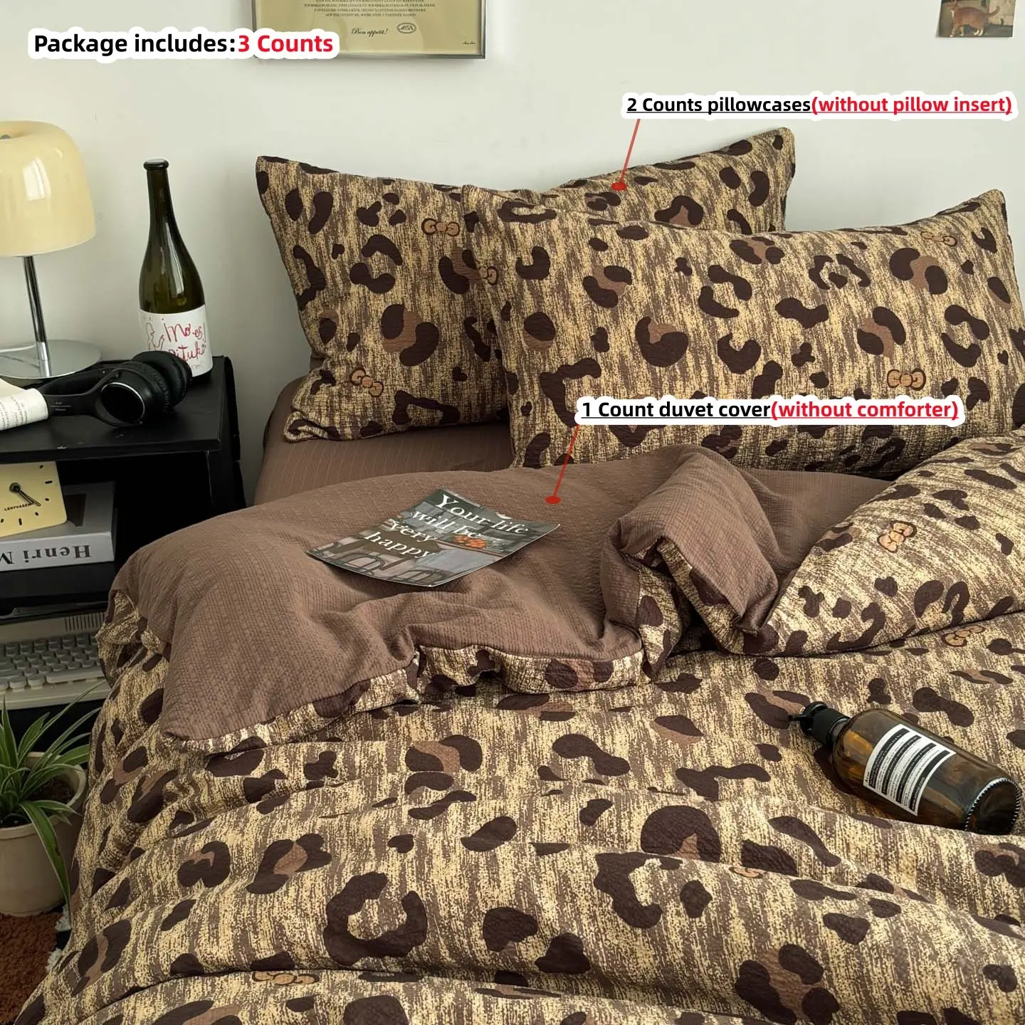 3pcs Leopard Print Bedding Set, Includes Duvet Cover and 2 Pillowcases, without comforter and pillow insert,100% Polyester, All Seasons, Single to Queen Size