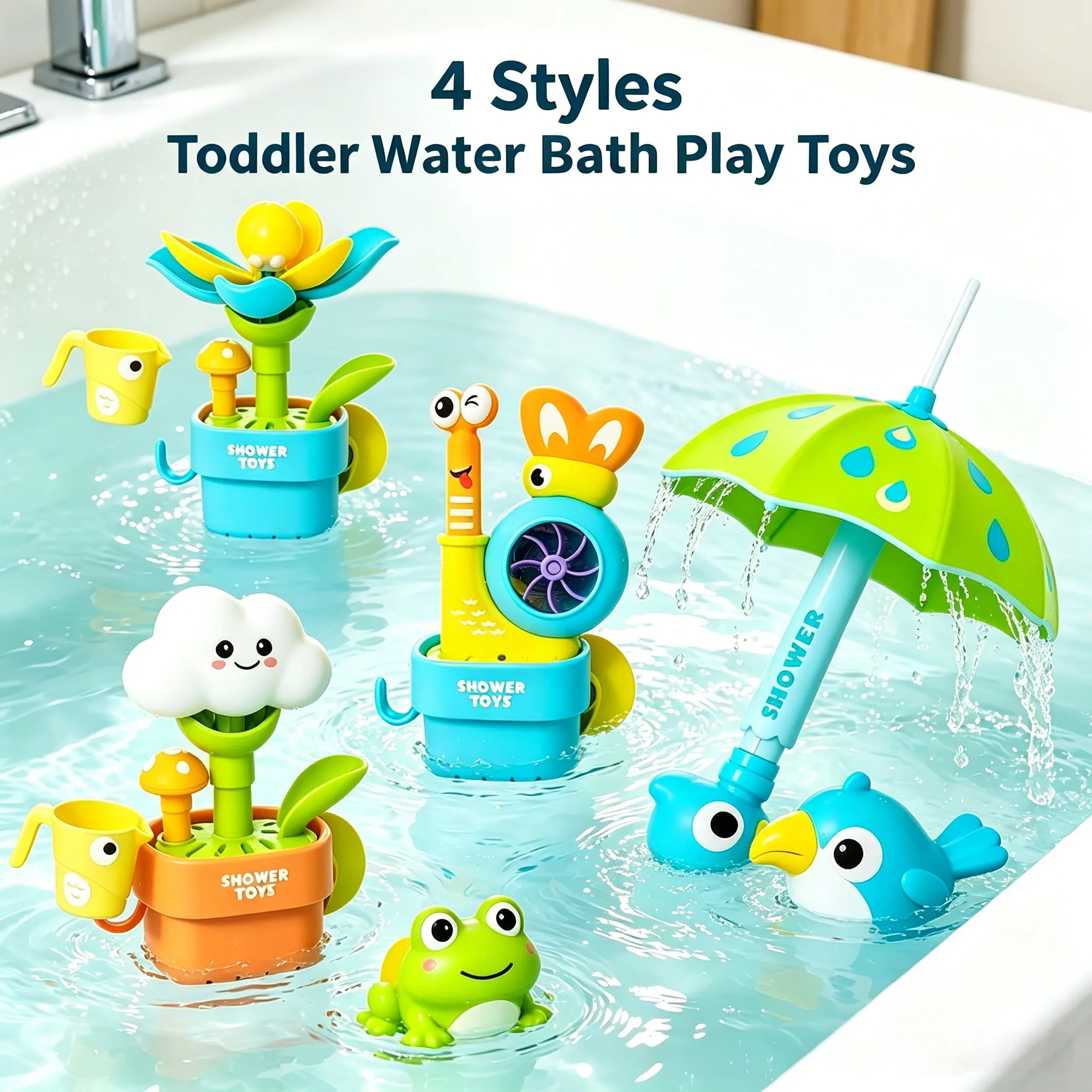 Baby Bath Time Fun Play Set, Flower Sprayer, Snail, Cloud Frog, Bird Umbrella, Suction Cup, Interactive Sensory Learning Toy for Kids Aged 3+