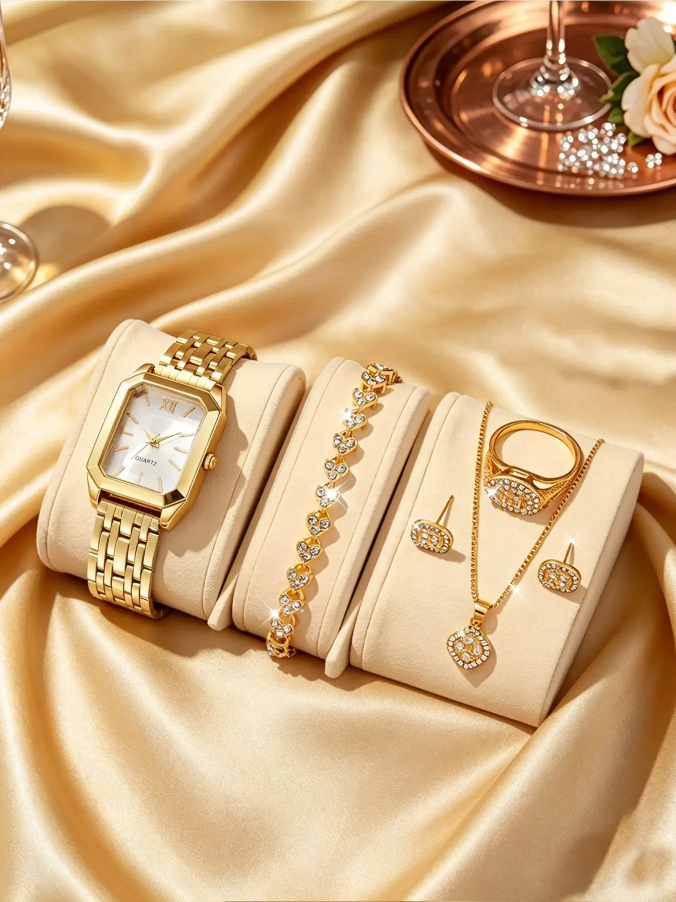 6-Piece Elegant Square Quartz Watch Set, Heart Bracelet, Earrings, Necklace, Ring, Perfect for Parties, Gifts for Her