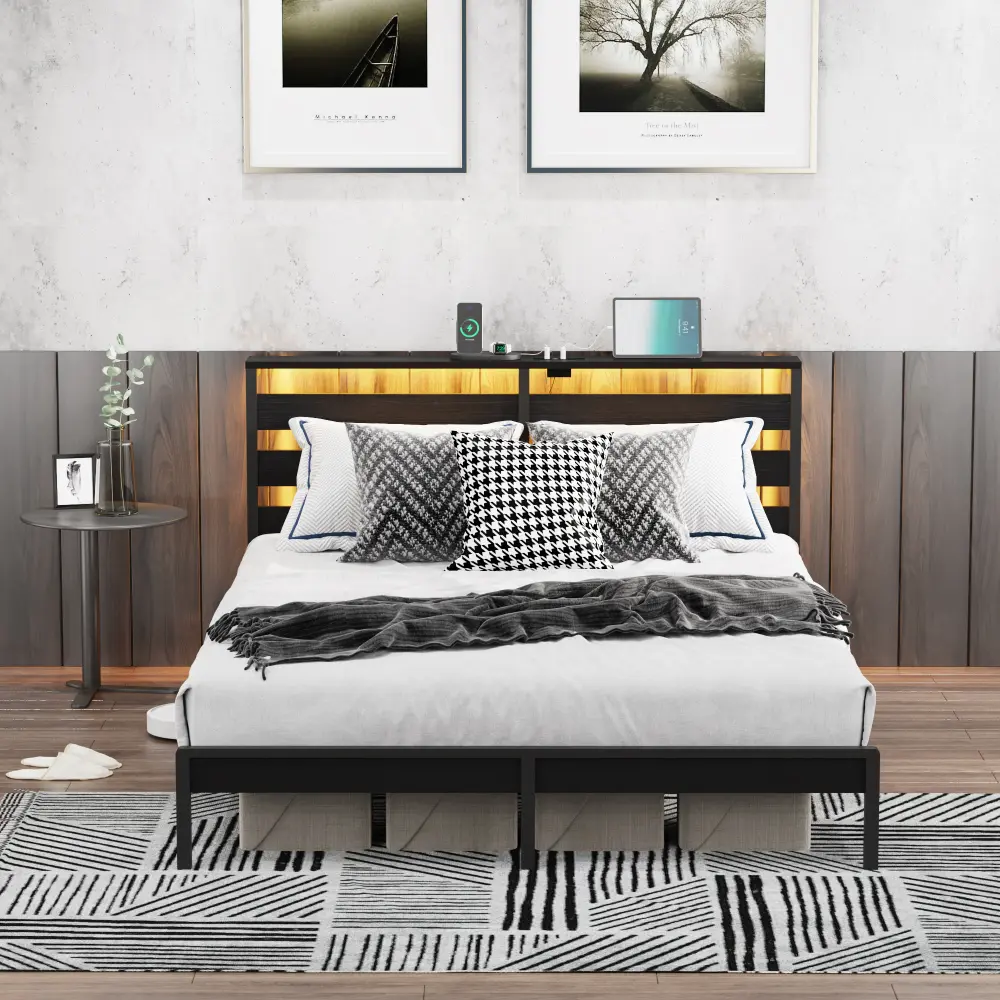 Heavy Duty Metal Platform Bed Frame with Charging Station, Touch-Sensitive LED Lights, Under-Bed Storage, and Drawer – No Box Spring, Noise-Free, Quick Assembly, Available in Full/Queen/King, Black/Rustic Brown, Modern Indoor Furniture, Upholstered Bed Fr