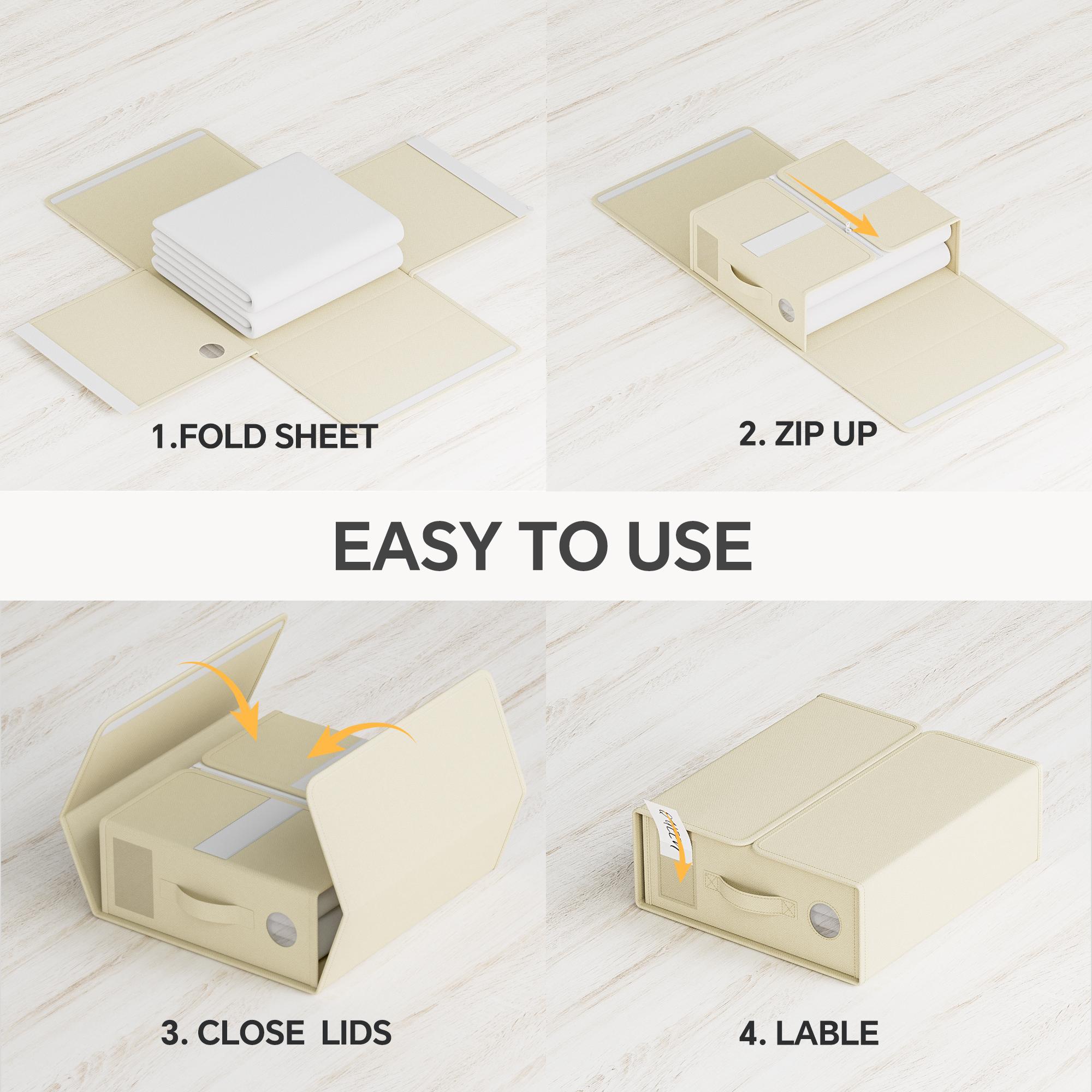 [Mega Deals]TRZZ Foldable Bedding Organizer, Fabric Storage Bins for Bed Sheets, Duvet Covers and Pillowcases, Closet Organizer, Storage Container Boxes for Blankets, Clothes (4/8 pack(Queen or King), color option Beige Grey or Black