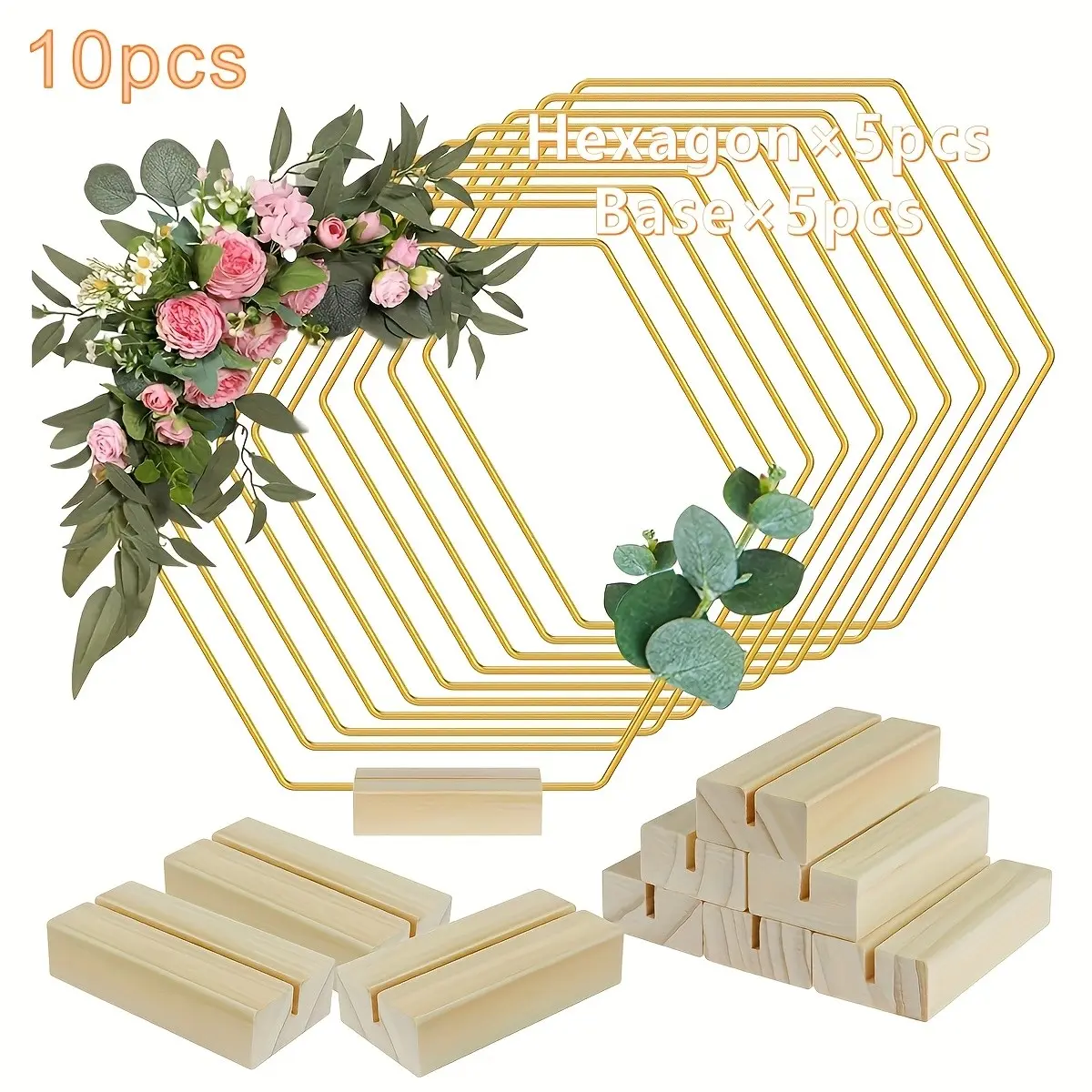 10 Pieces Hexagonal Metal Table Centerpieces, Natural Wood Base, Wedding Party Decoration, Sturdy Iron Stand for Balloons & Flowers