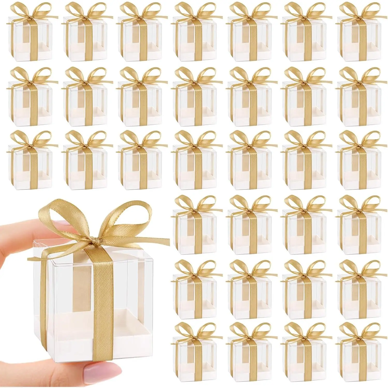50 Pack Favor Boxes 2x2x2 Inches Clear Candy  Boxes with  Ribbons, Mini Plastic  Boxes for Wedding, Birthday Party,  Shower, Classroom Decoration Supplies