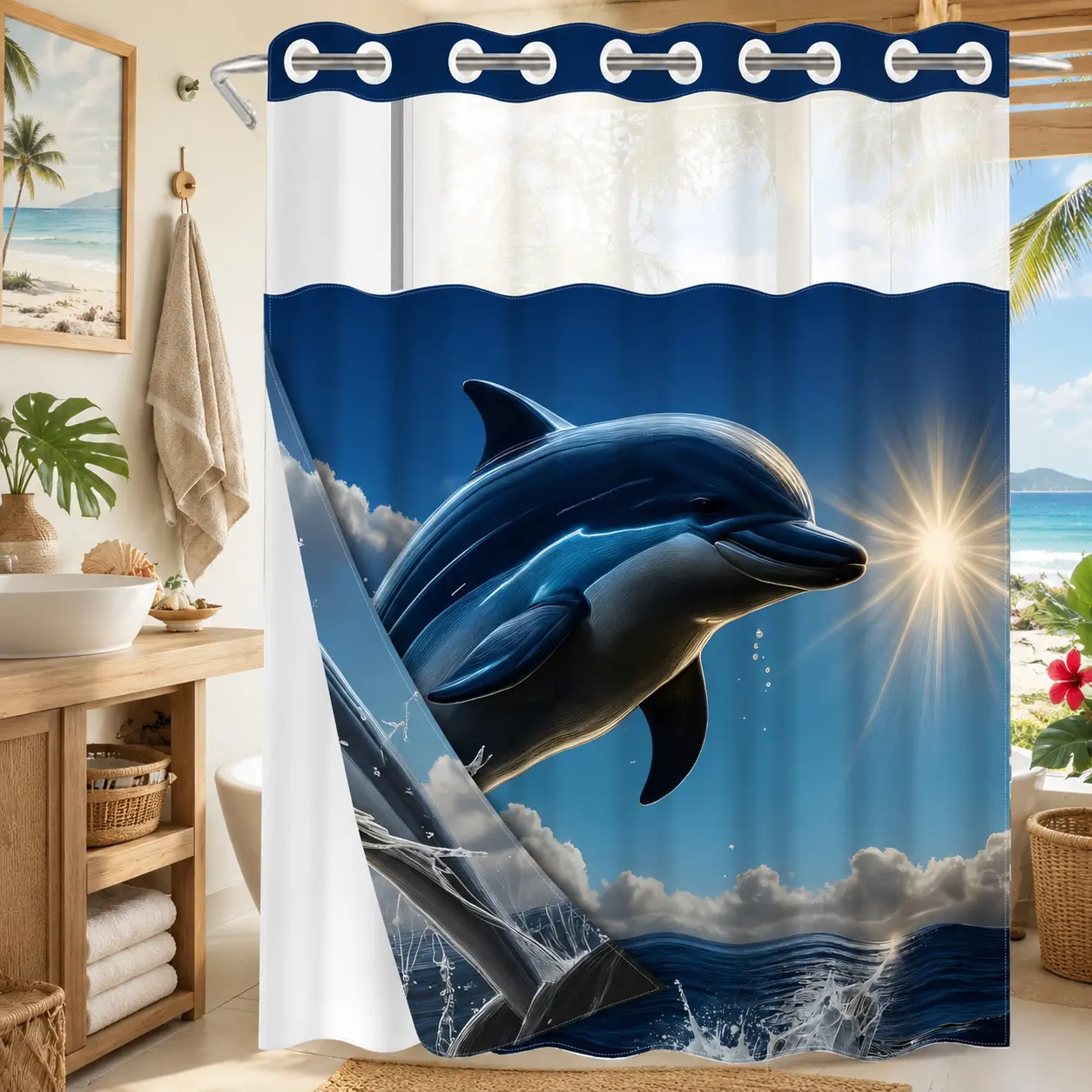 1 Pc Hookless Double Layer Shower Curtain, Printed Shower Curtain, Ocean Dolphin & Sunshine Print, Machine Washable Waterproof Mildew Resistant Fabric, Coastal Home Bathroom Decor, Removable Snap-in Liner, Top See-Through Window, 71"×74"