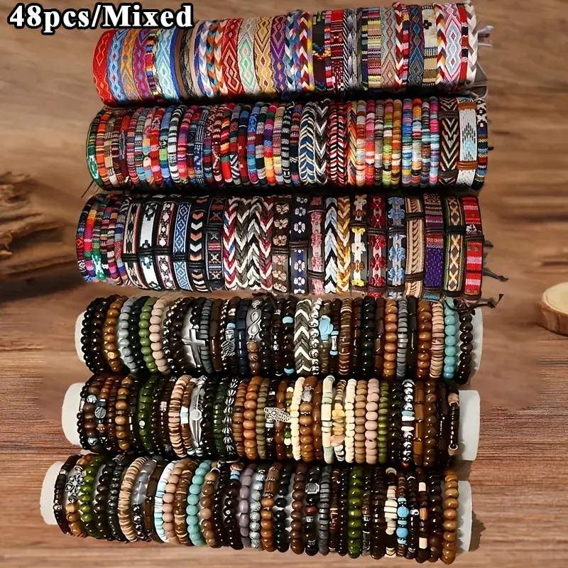 48-Pack Unisex Bohemian Bracelets, Handmade Woven Braids with Wooden Beads & Fabric Cords, Mixed Color Assorted Styles for Everyday Stacking, Mixed Colors, Stackable, All Seasons, Handmade Craft