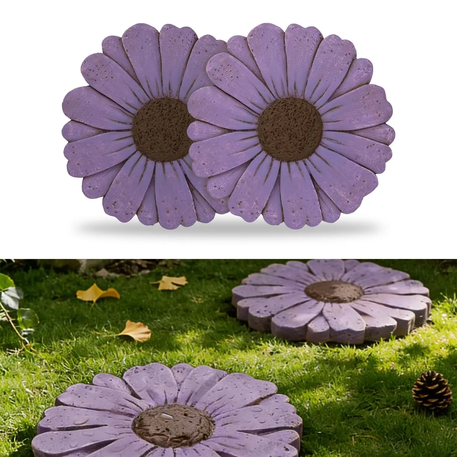 2 Pack Daisy Cement Stepping Stones 10 Inch, Heavy Duty Garden Pathway Stones, Non Slip Outdoor Walkway Decor for Yard Patio Lawn, Weather Resistant Cement Stepping Stones (Purple)