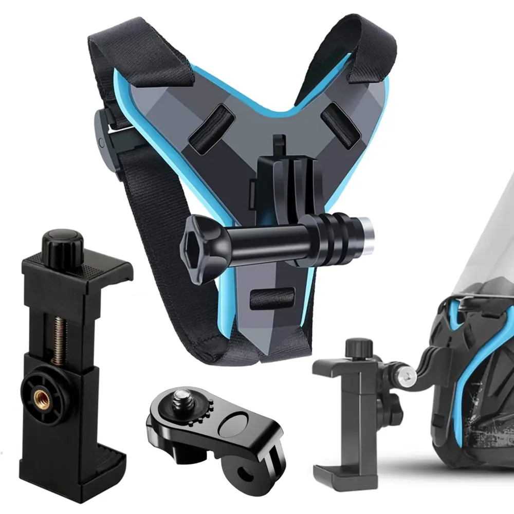 Durable Motorcycle Helmet Chin Strap Camera Mount Holder - Easy-to-Install Locking Design with Phone Clip, Full Face Mobile Phone Holder Compatible with GoPro Hero 11,10,9 Action Cameras