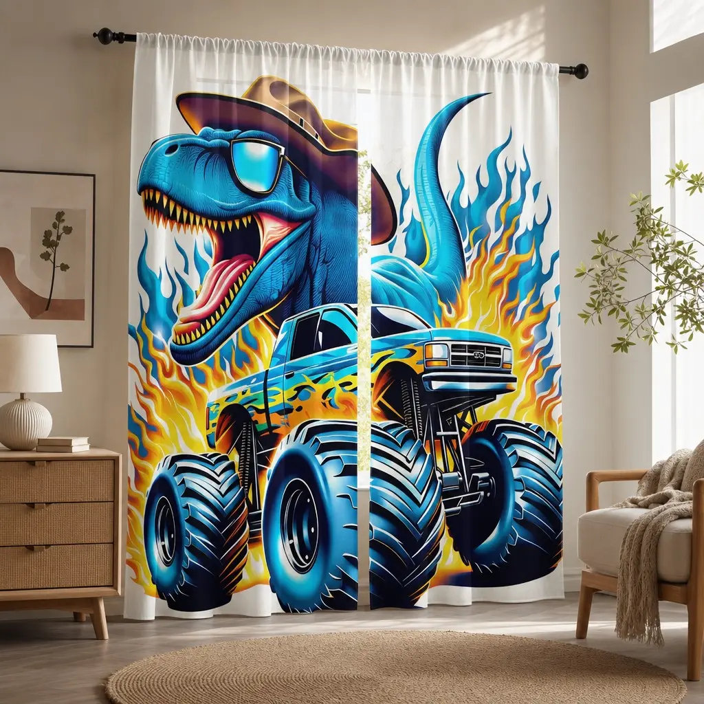 Cool Cowboy Dinosaur Monster Truck Curtains, Blue Dino Sunglasses Flame Pattern, Kids Boy Room Light Filter, Funny Cartoon Dragon Car Home Bedroom Decor