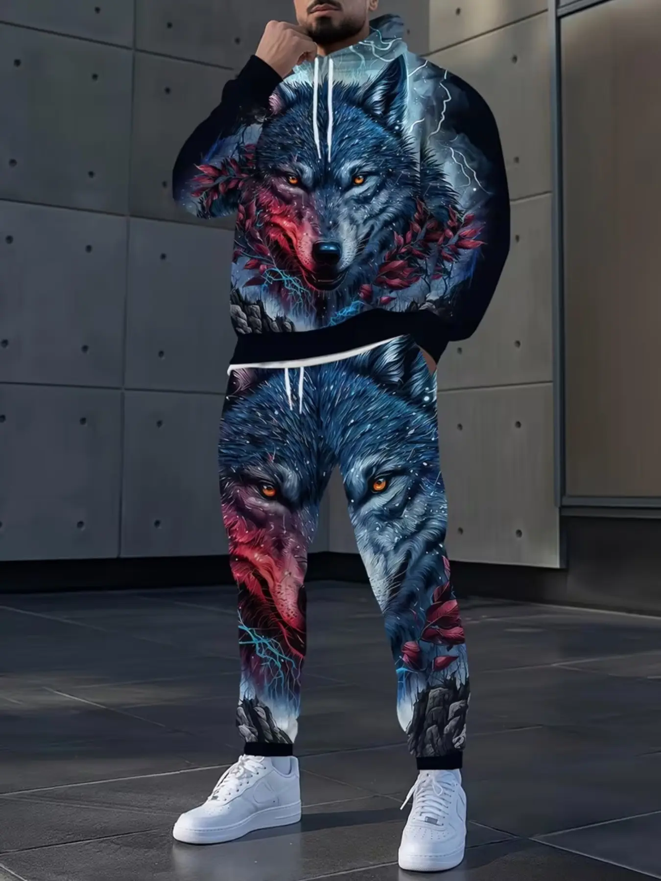 Men Plus Size Hoodie Tracksuit Set Mystic Wolf Lightning Floral Mountain Scene All‑Over Print 2‑Piece Outfit, Casual Sportswear Outfit, Polyester Sublimation Fabric Drawstring Hooded Sweatshirt & Jogger Pants for Street Casual Daily Occasions