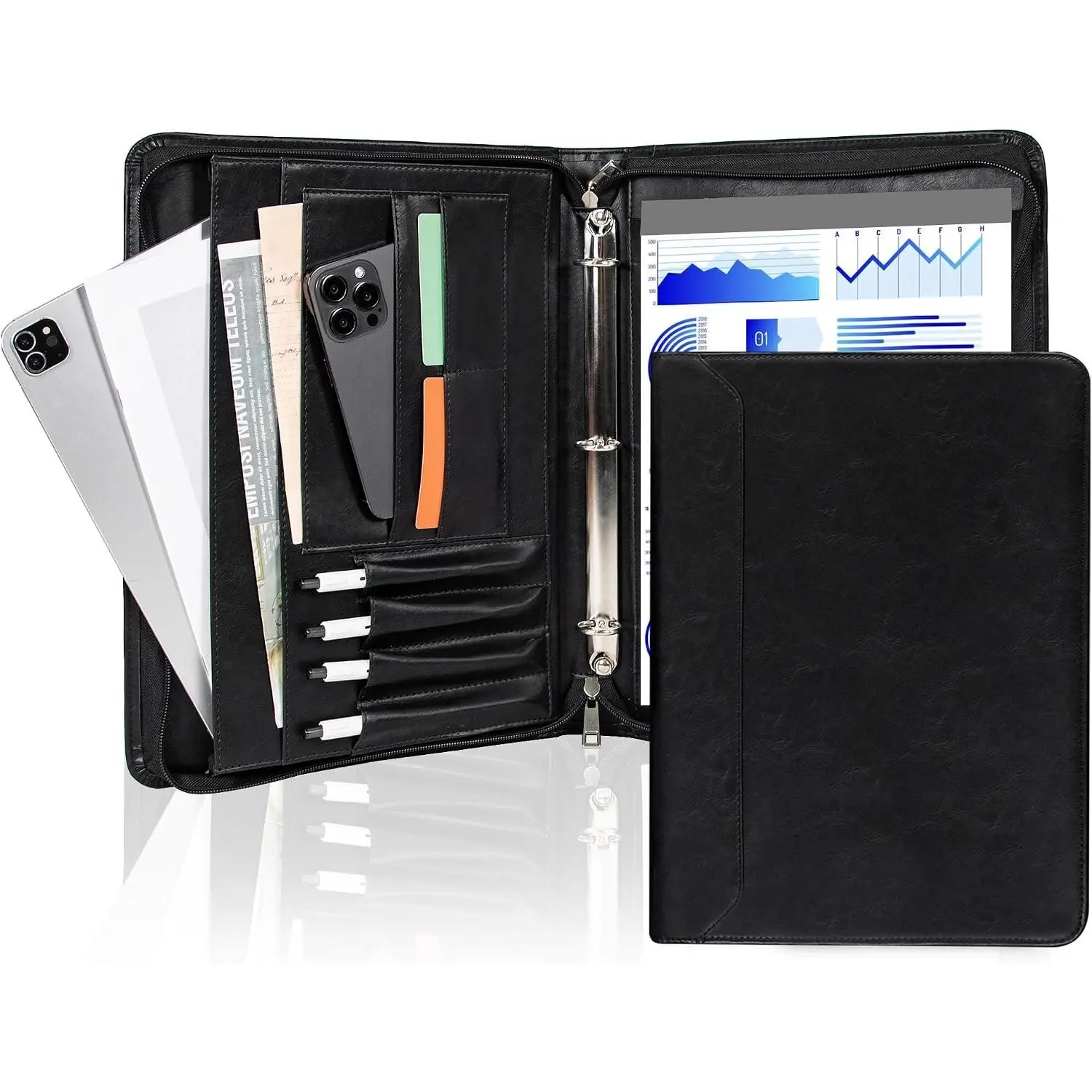 Zipper Portfolio Padfolio Binder, 3-Ring Padfolio for Women and Men, A4/Letter Size PU Leather Professional Organizer for iPad, Ideal for Resume Interview