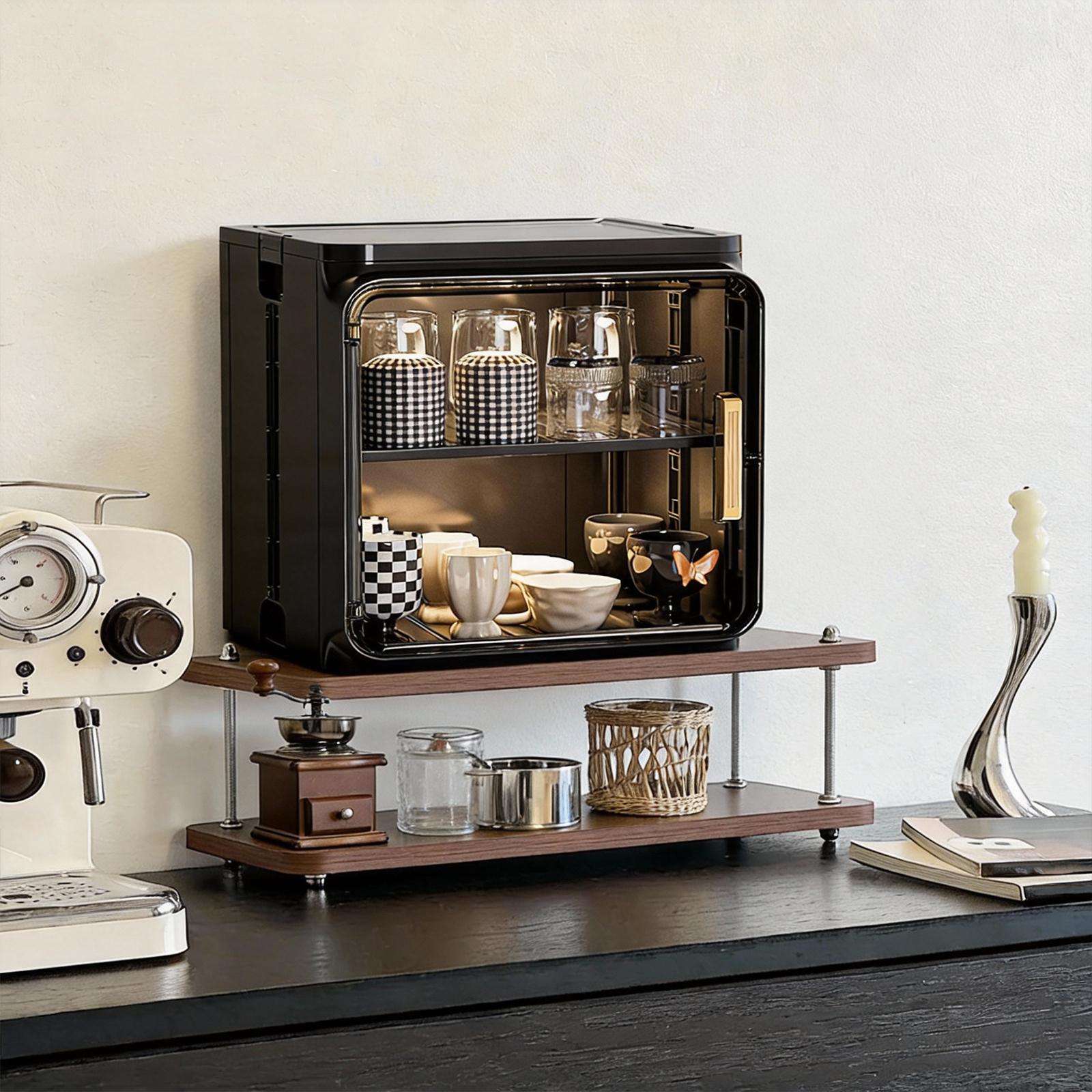 Stackable Plastic Multilayer Dustproof Cup Storage Box Large Capacity Desktop Storage Display Shelf with Doors and Shelves for Office Kitchen Coffee Bars