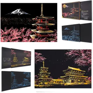 DIY Scratch Painting Engraving Art Set - 16''x11'' Paper Scratchboard, 4 Tools, Creative Gift for Adults (Japan Series)