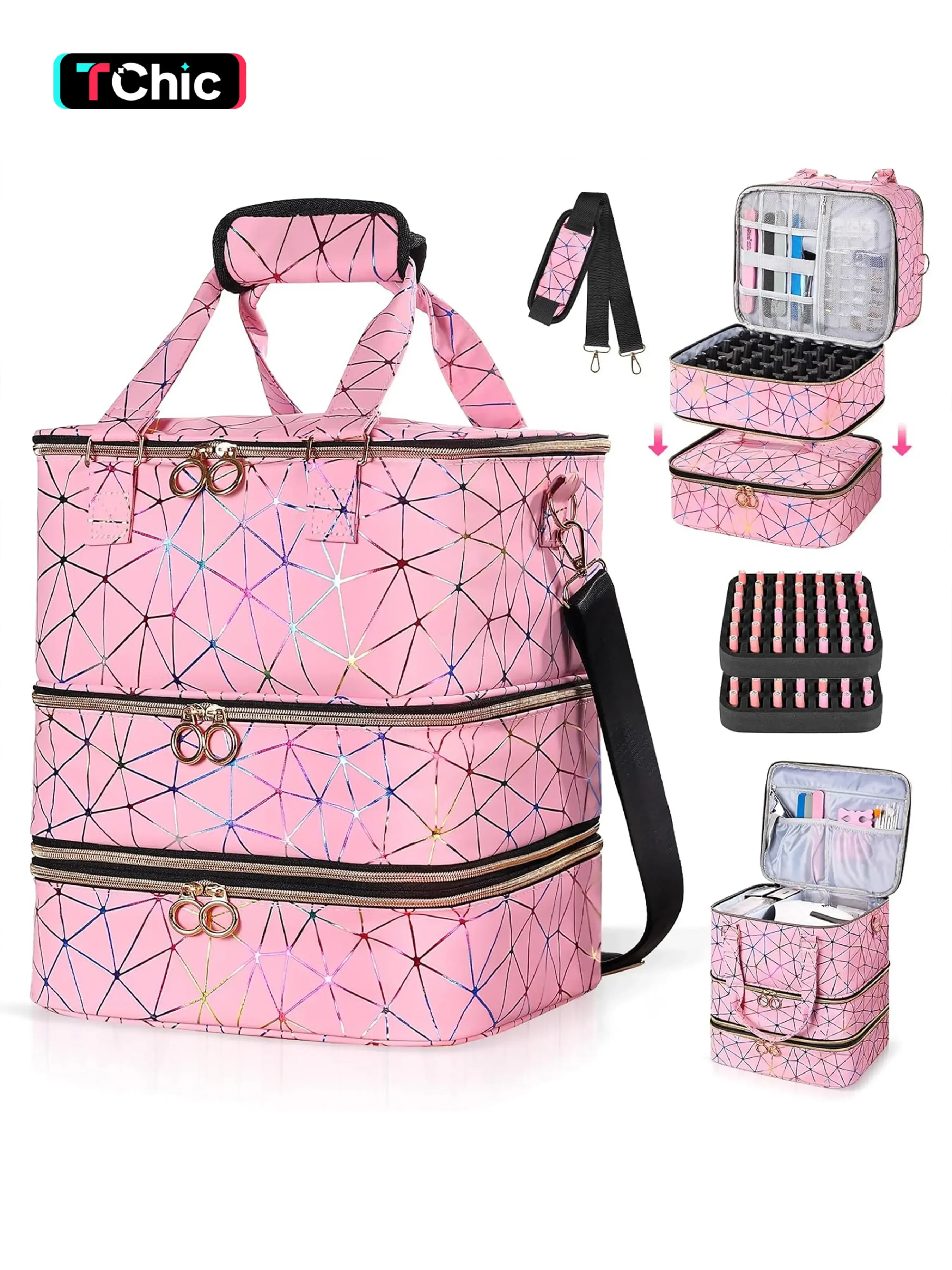 Extra Large Nail Polish Organizer Holds 84 Bottles - Three Layer Nail Organizers And Storage Bag, Portable Nail Supplies Organizer Case, Vanity Bag Organizer, Nail Tech Kit Travel Carrying Box with Shoulder Strap