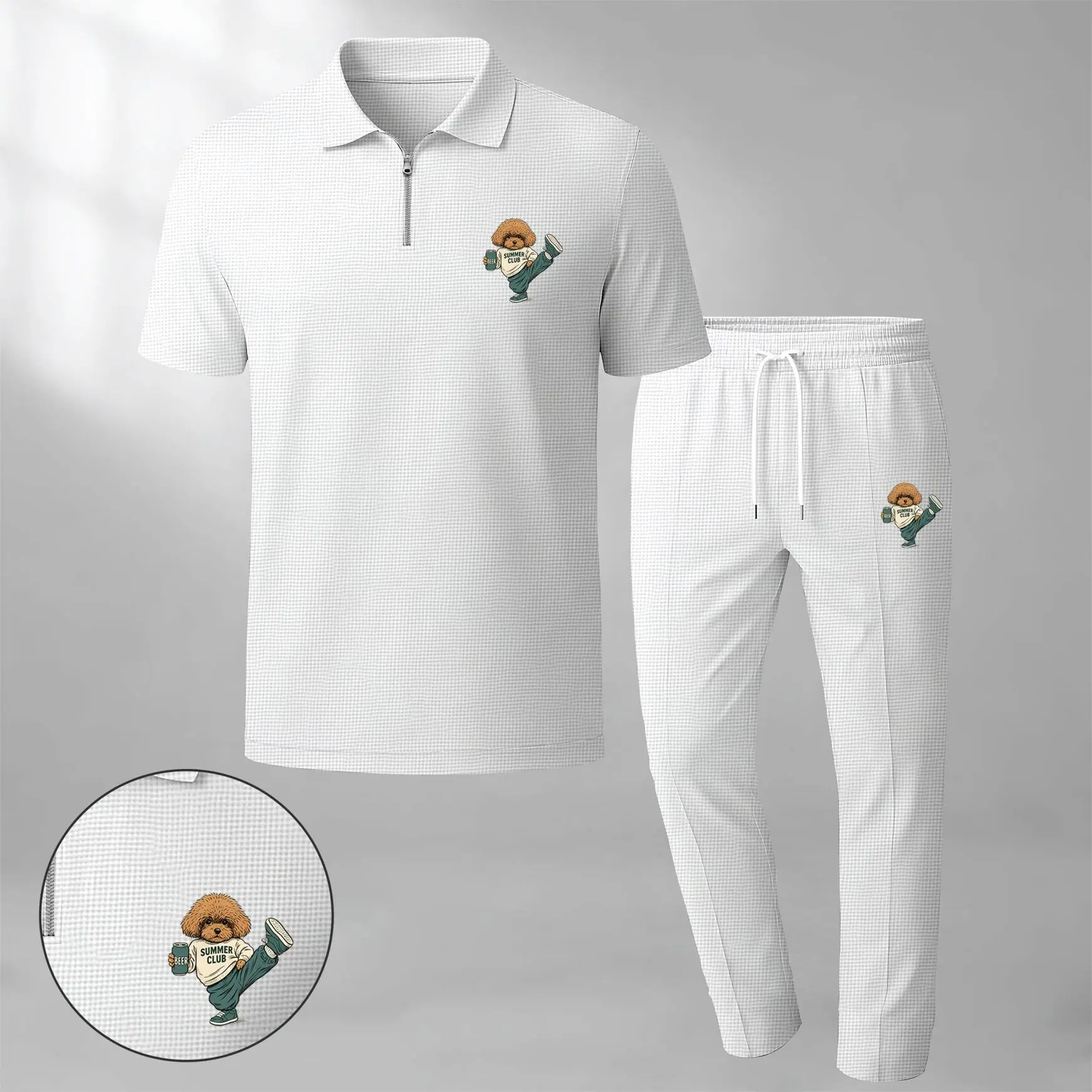 Men’s Cute Teddy Bear Graphic Waffle Knit Polo Shirt and Pants Set, Short Sleeve Zip Collar Polo Top with Drawstring Trousers, Casual Two Piece Outfit, Lightweight Breathable Streetwear Matching Set for Daily Wear, Travel and Summer Fashion