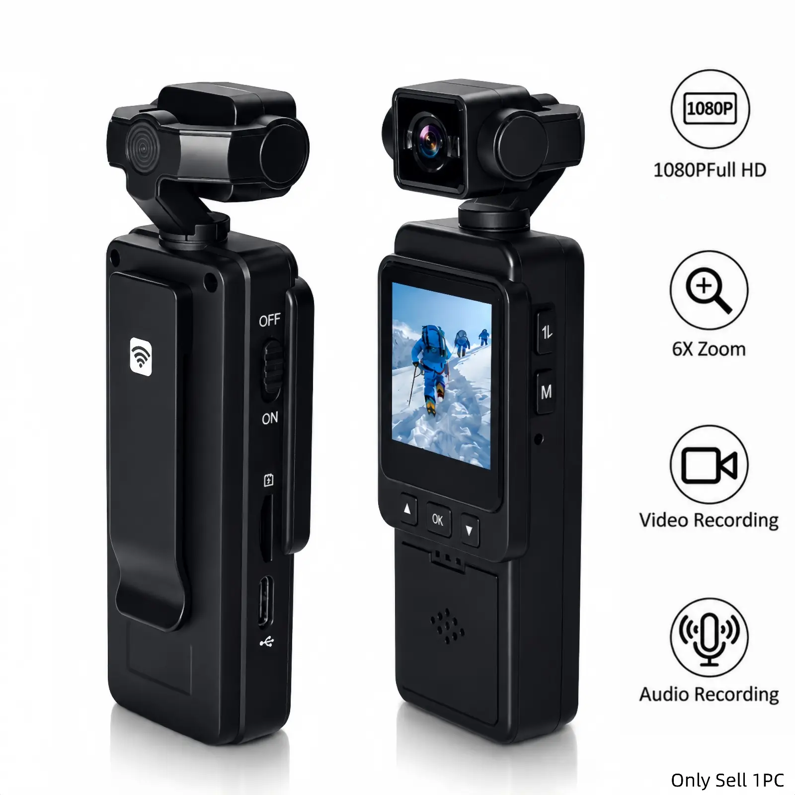 1080P WiFi Action Camera with 270° Rotatable Lens, Portable Wearable Body Camera, 6X Digital Zoom, Color Night Vision and POV Recording