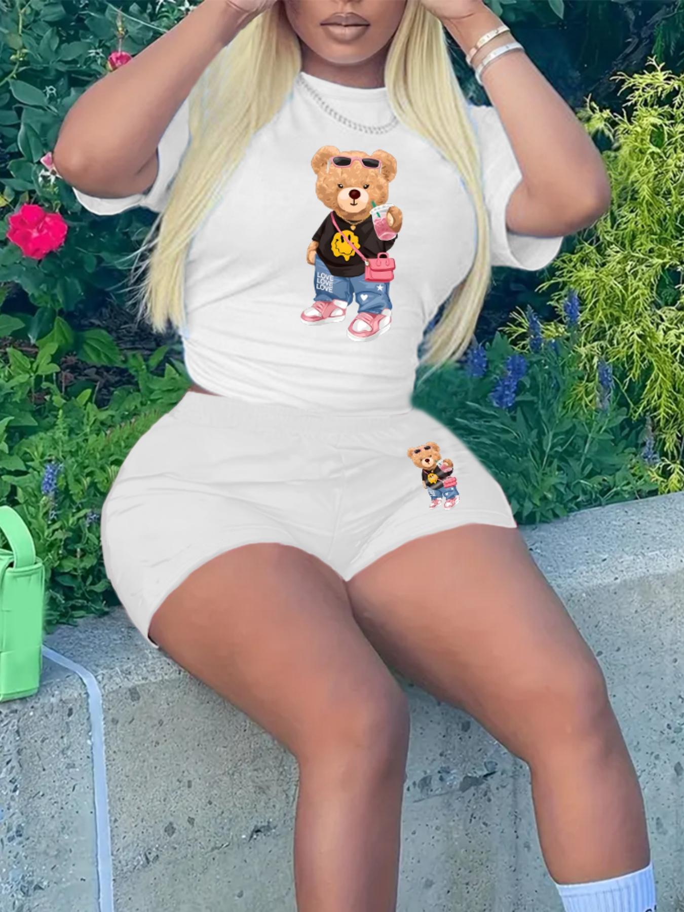 Two-Piece Set Women's Cartoon Bear Print Short Sleeve T-shirt & Skinny Shorts Set, Round Neck Tee & Shorts for Summer, Lady Outfits for Daily Wear Two-Piece Set Women's Cartoon Bear Print Short Sleeve T-shirt & Skinny Shorts Set, Round Neck Tee & Shorts for Summer, Lady Outfits for Daily Wear
